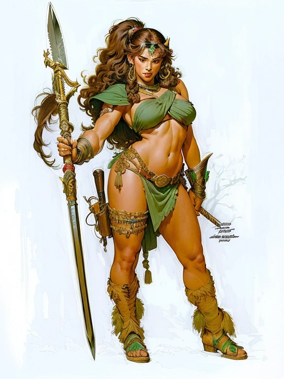 8k, digital painting, Comic Babes, a drawing of a woman with a spear and a sword, Frank Franzetta, in travis charest style, Marco Schultz, cavewoman, franco frazetta style, frank frzetta, travis charest style, Frank Frazetta style , white pascal, manga style frank frazetta, jeffrey jones, Director: David Boyd, Enchantress, color drawing, art style by John Blanche