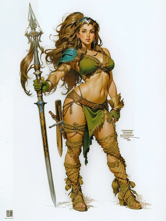 8k, digital painting, Comic Babes, a drawing of a woman with a spear and a sword, Frank Franzetta, in travis charest style, Marco Schultz, cavewoman, franco frazetta style, frank frzetta, travis charest style, Frank Frazetta style , white pascal, manga style frank frazetta, jeffrey jones, Director: David Boyd, Enchantress, color drawing, art style by John Blanche