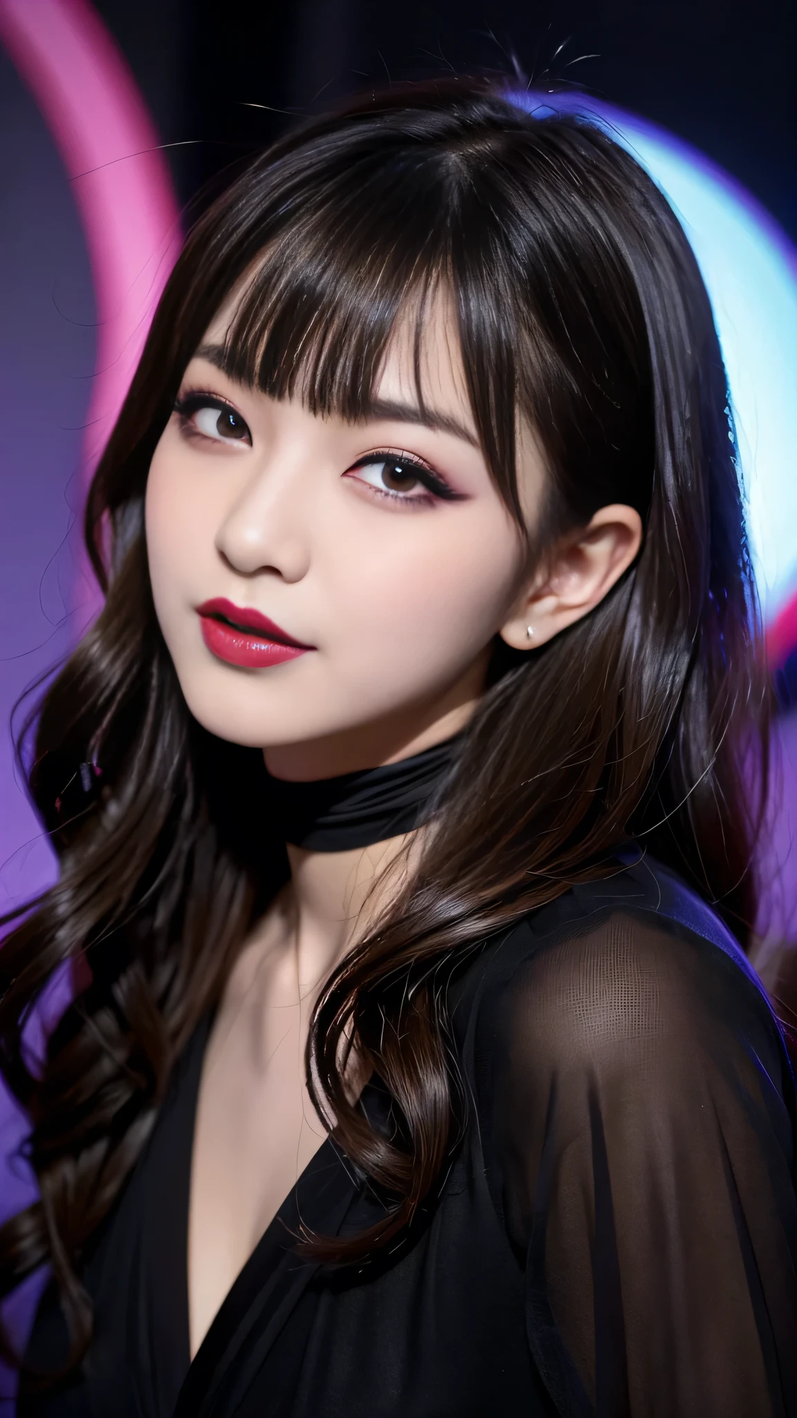 best quality、ultra-detailed、4k、Japanese、Seductive beauty、seductive adult woman、Pretty Woman、cool girl、Villainess、Brainwashed、brainwash、Fallen into evil、smirk、Evil look、Wicked Smile、evil、Brown hair、wavy hair、swept bangs、dark makeup、dark makeup、piercing eyes、hollow eyes,half-closed eyes、Hollow Eyes、purple Eyeshadow、black lipstick、black lipglos、pantyhose、Are standing、Dark Costume、Costume of Evil、female cadres、night、inside darkroom、face mask、Have a face、Emblem of Evil、Crest of Darkness、Swear allegiance、I have pledged my allegiance、Dye black、Blackening、Stained with evil、Dyed in darkness、Seduce
