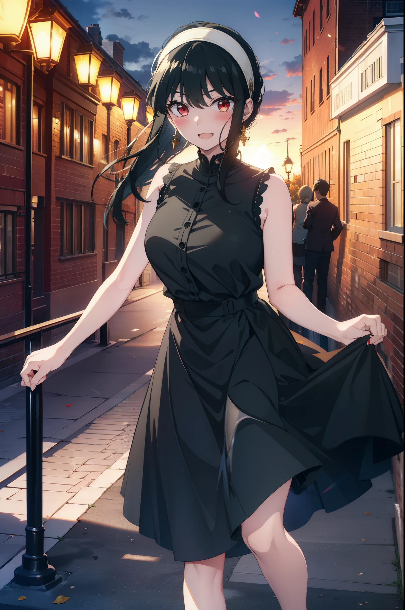 Your thorns, One girl, blush, Black Hair,Red eyes, hair band, jewelry, Earrings, happy smile, smile, Open your mouth, Black sleeveless dress,Bare arms,Long skirt,Cute Sandals,whole bodyがイラストに入るように,Daytime,sunny,
break looking at viewer,whole body,
break outdoors, city,construction area,bridge、
break (masterpiece:1.2), highest quality, High resolution, unity 8k wallpaper, (shape:0.8), (Beautiful details:1.6), Highly detailed face, Perfect lighting, Extremely detailed CG, (Perfect hands, Perfect Anatomy),