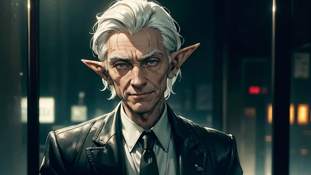 A highly detailed and intricate portrait of a male elf, elderly, set in cyberpunk universe, intricate detailed face, friendly eyes, friendly smile, black eyes, pointed ears, weathered skin, short white hair, wearing formal 1950s three-piece suit, inside glass skyscraper background, neon lights, moody lighting, photorealistic, cinematic, 8k