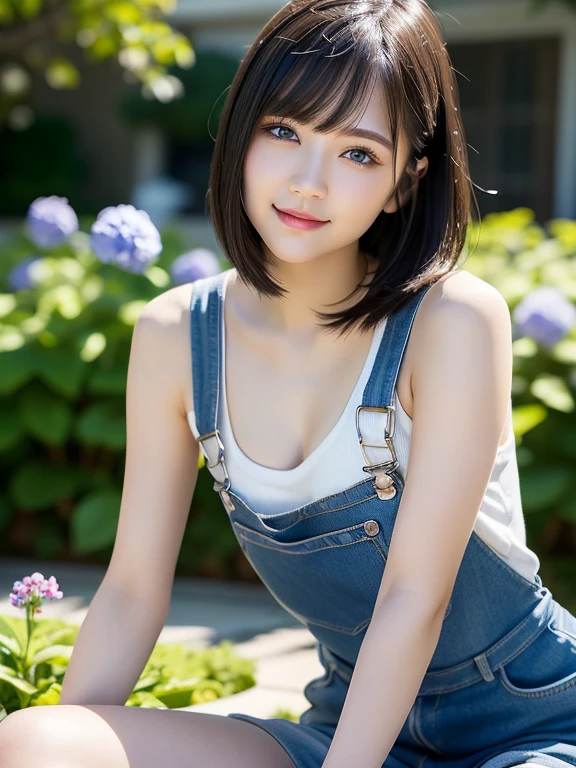 (squat)、(highest quality:1.5)、(Realistic:1.5)、(1 person:1.5)、(Very detailed)、(High resolution)、8k、(naked_overalls)、(Slightly small breasts)、Natural color lips、Cute Smile、20-year-old girl、(Beautiful and elaborate face)、(Perfect and beautiful face)、(Big eyes)、(Beautiful and elaborate face)、(Beautiful, balanced eyes)、Beautiful double eyelids、Perfect and beautiful face、Arched thin eyebrows、Slim face、(Slim figure)、Beautiful and thin nose、 Beautiful Skin、(Medium Bob Hair)、Natural Bangs、Fair skin、Front lighting、(Lighting the face)、Deep blue eyes、Slim waistline、Slim and beautiful legs、hydrangea、garden、Cleavage、