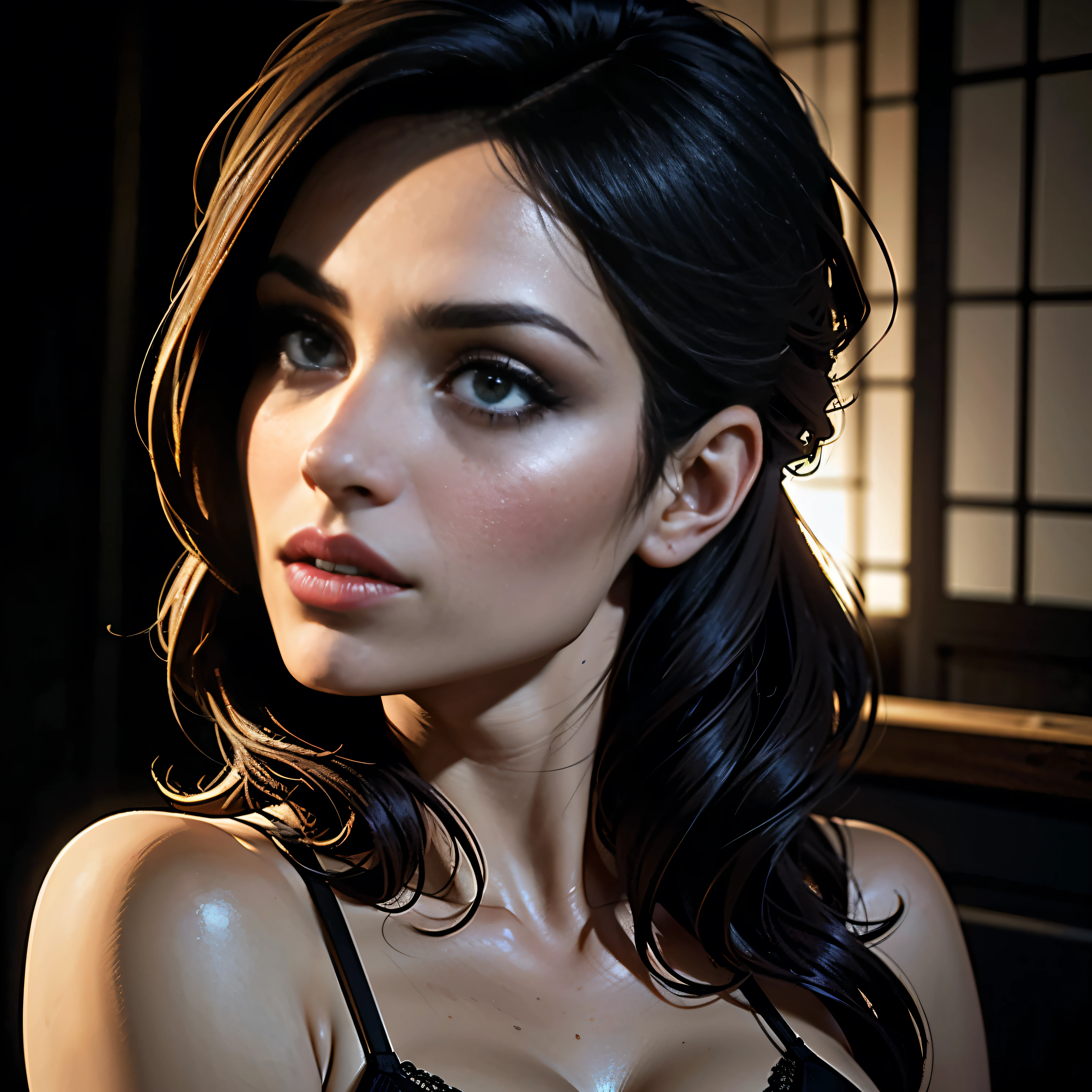 detailed erotic woman, beautiful detailed eyes, beautiful detailed lips, extremely detailed face, long eyelashes, sensual expression, lace lingerie, seductive pose, dramatic lighting, cinematic atmosphere, dramatic shadows, warm color palette, painterly style, chiaroscuro lighting, volumetric lighting, photorealistic, 8k, best quality, masterpiece