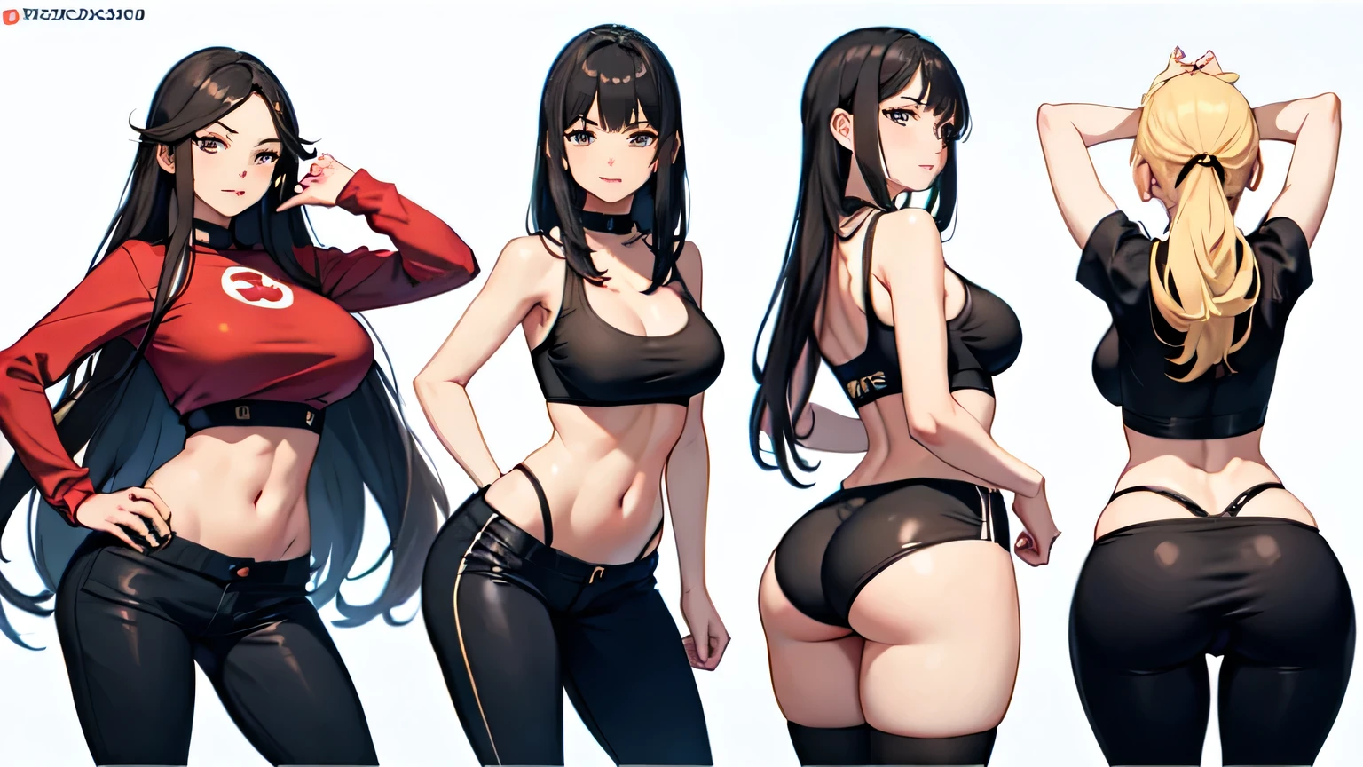((melhor qualidade)), ((obra de arte)), (detalhado), uma mulher adulta, olhando pro espectador, rosto perfeito, quadris largos e macios, focus on glutes, big, soft glutes, seios macios, seios lindos e marcados, back view, blusa banca, hidden hands, magra, shy, corada, em plano de fundo VAZIO, seios grandes, linda, duplo v, black pants, vergonha, perky glutes, cabelo curto, cabelo vermelho, olhar com vergonha, corada, sexy, sexy, garota de anime com bunda grande em shorts de couro preto e blusa preta, fofosexyrobutts, Oppai, curvando-se, Coxas grossas, Oppai, estilo de anime ecchi, detalhes finos. linha de frente das s, ecchi, Oppai proportions, (SFW)