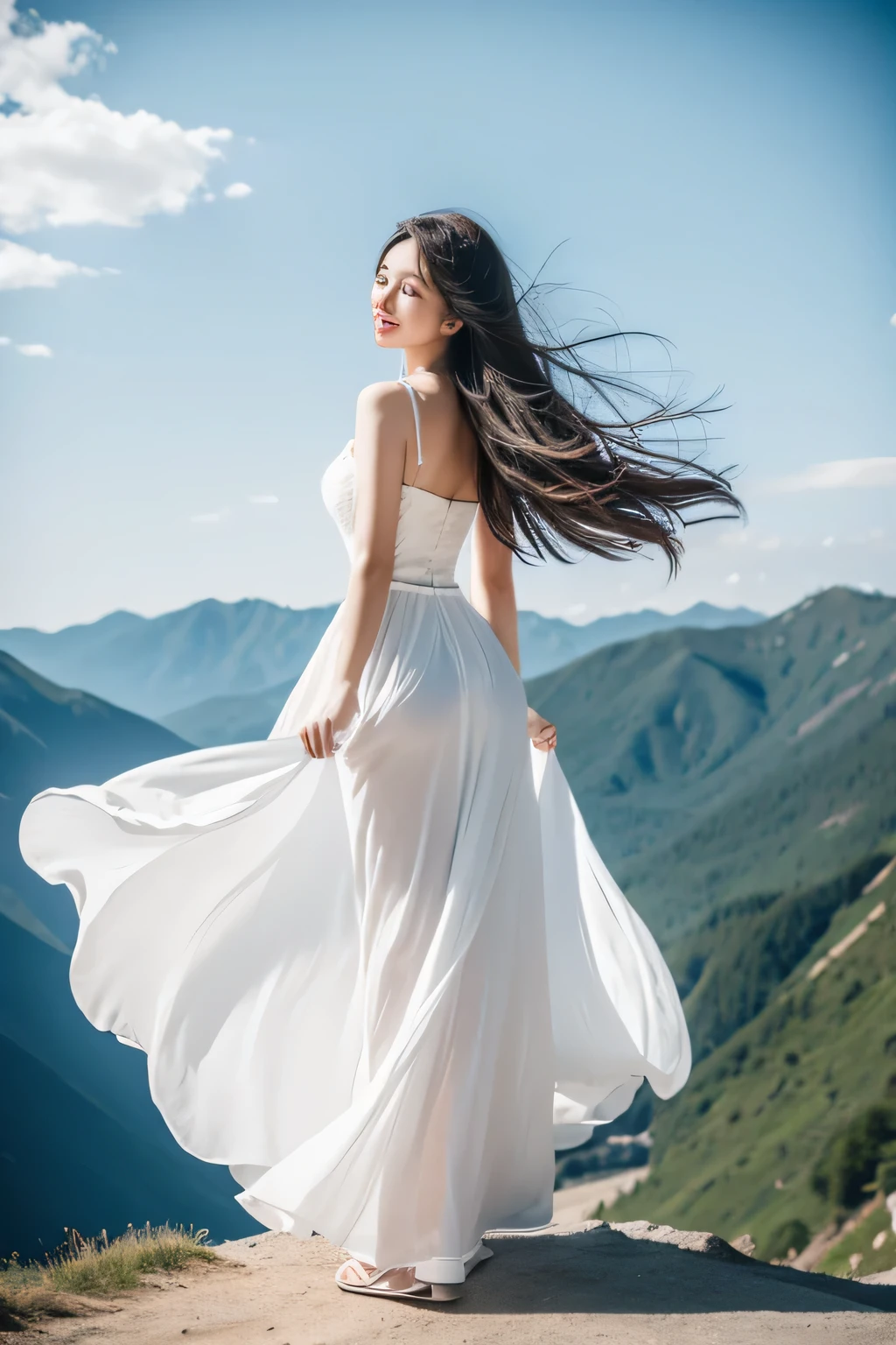 A beautiful girl。Wearing a long white dress。Standing on the top of the mountain。Wind-blown skirt。