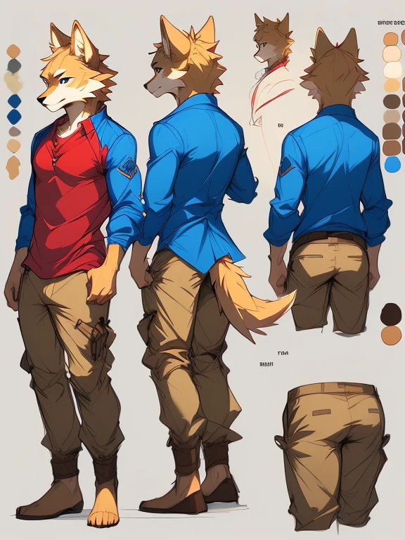 ( Absurdly , High quality , ultra detailed ) ,( hand detailed ) , 1boy, solo, teen, , (concept art, character sheet, character sketch),absurdres(highly detailed beautiful face and eyes)perfect anatomy, (Male yellow-gold wolf), (((lean-body))) ((thin body)) (fit), (dark-blue eyes, (adventure, fantasy type clothing ((red-shirt, blue jacket, khaki pants))) (lighter chest fur) (multiple views) (sketch), intense eyes, intense,  (concept art, character sheet)