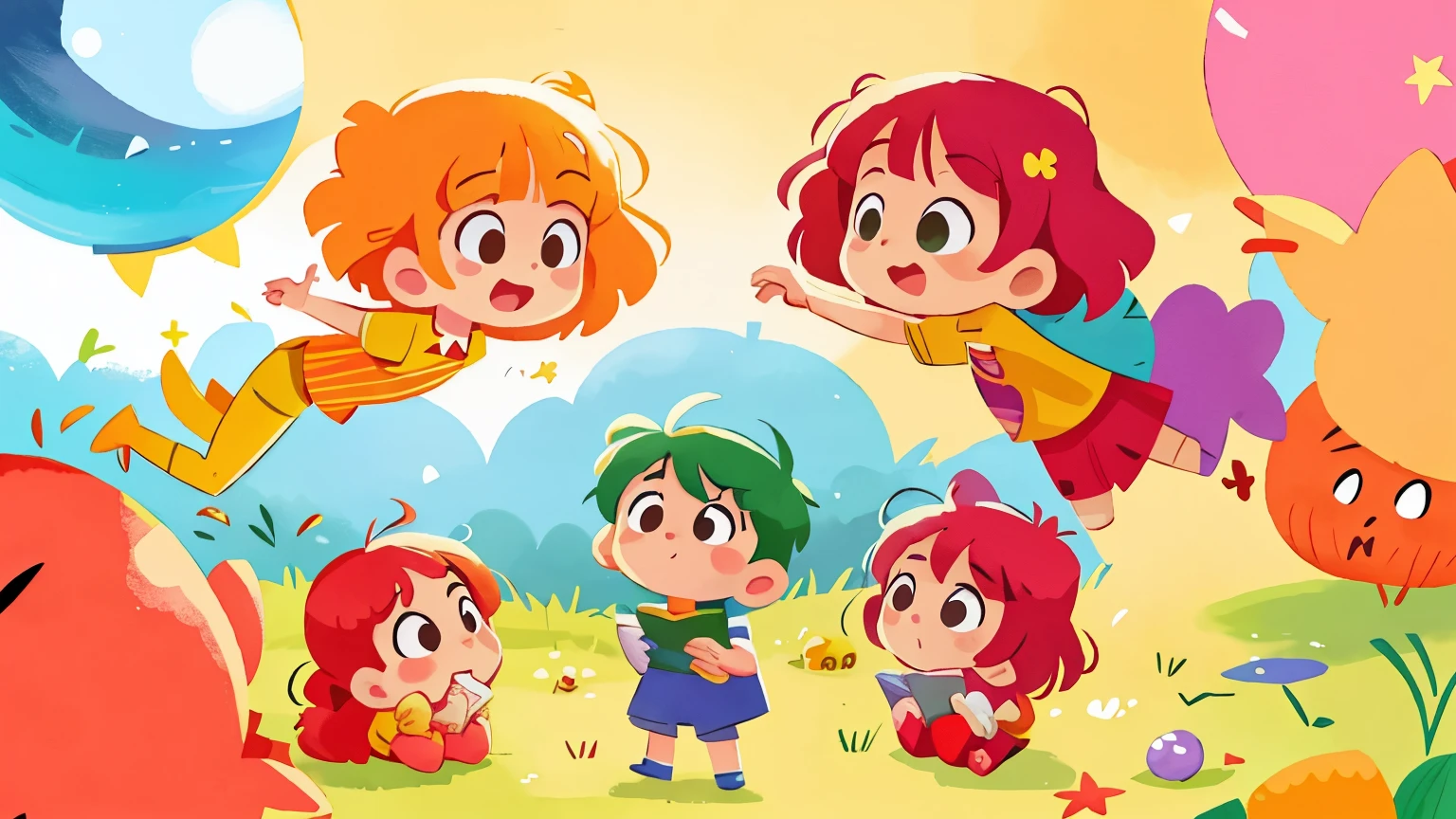 Make a children's book cover about a colorful planet full of friends