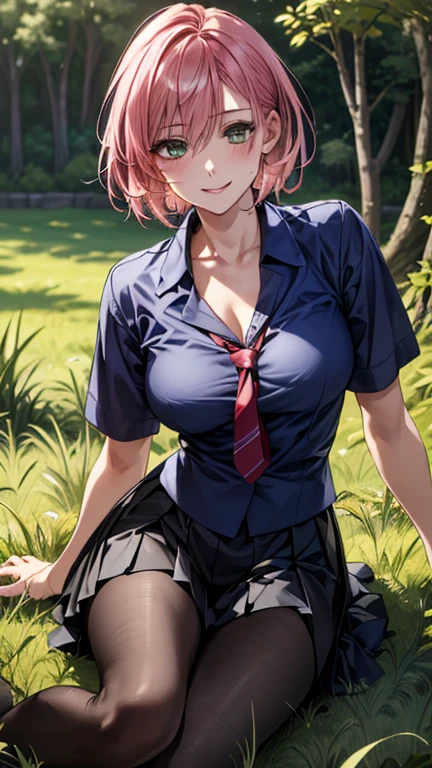 (masterpiece:1.3, highest quality, Ultra-high resolution, Super detailed), (Realistic, photoRealistic:1.4), Beautiful illustrations, Perfect lighting, Natural light, colorful, Depth of written boundary, , 
Beautiful detailed hair, Beautifully detailed face, Beautiful fine details, Beautiful clavicle, Beautiful body, Beautiful breasts, Beautiful thighs, Beautiful feet, Beautiful fingers, Shiny skin, Baby Face, 
View Viewer, (Face Focus), 1 girl, Japanese, high school girl, (Perfect Anatomy, Anatomically correct, Highly detailed skin), Cute and symmetrical face, Perfect Face, Perfect Eyes, 
(short hair, (Both sides up), Sideburns, Pink Hair), Hair between the eyes, Dark green eyes, Long eyelashes, (Big Breasts, Captivating thighs), , Excellent style, , 
(Detailed cloth texture, Light blue collared shirt, Navy Pleated Skirt, Red tie, Black Pantyhose), 
(Beautiful views), evening, (Grass is overgrown), , (Cute smile, Upward glance),