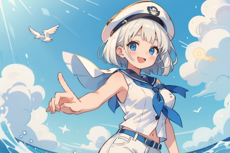 (masterpiece, best quality), intricate details, best quality,masterpiece,highres, female, Detailed female with pale skin, bob-cut white hair, female, cute bob-cut hair, white hair, blue eyes, one piece marine outfit, marine white cap, white sleeveless button-up shirt, white shorts, blue neckerchief, beautiful, large breasts, happy, playful, peace symbol with fingers