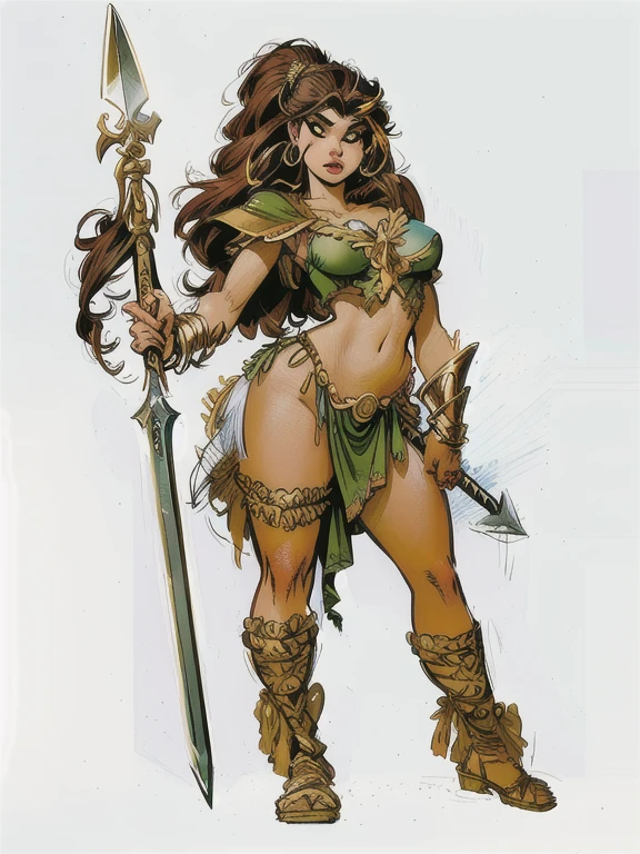 8k, digital painting, Comic Babes, a drawing of a woman with a spear and a sword, Frank Franzetta, in travis charest style, Marco Schultz, cavewoman, franco frazetta style, frank frzetta, travis charest style, Frank Frazetta style , white pascal, manga style frank frazetta, jeffrey jones, Director: David Boyd, Enchantress, color drawing, art style by John Blanche