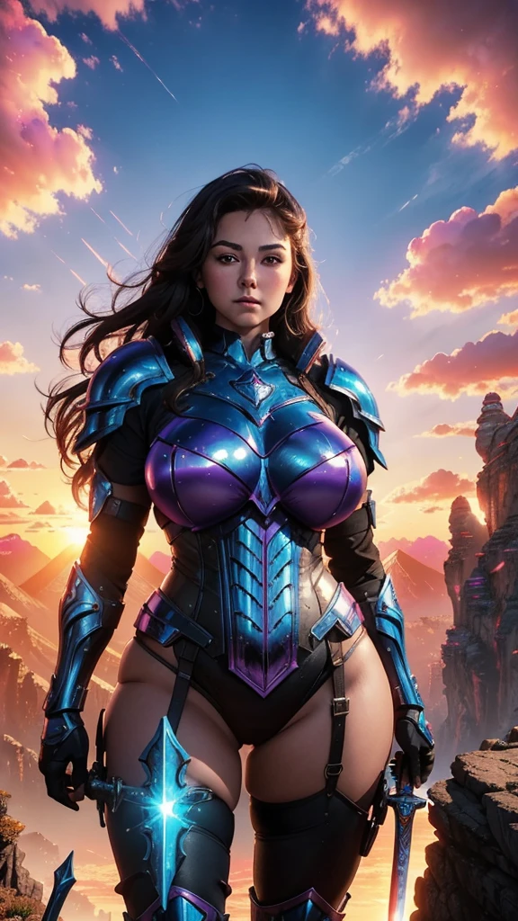 girl in organic armor, fantasy, smooth, art by Stanley Artgerm (((synthwave:1))), (Thick thighs:1.2), (huge breasts:1.2) ((Standing in the middle TOP OF A HIGH ROCKY MOUNTAIN, SUNSET, BLUE SKY,)) , (holding a sword and shield), (chubby:1.2)