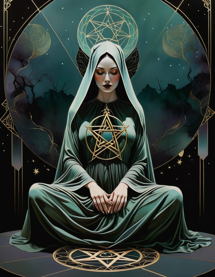 tarot card, chiaroscuro technique on sensual illustration of an queen of pentacle, vintage queen, earthy eerie, matte painting, by Hannah Dale, by Harumi Hironaka, extremely soft colors, hint of gold vibrant, highly detailed, digital artwork, high contrast, dramatic, refined, tonal, highest quality,anatomy correct,ultra-wide-angle,depth of fields. Holding the pentacles