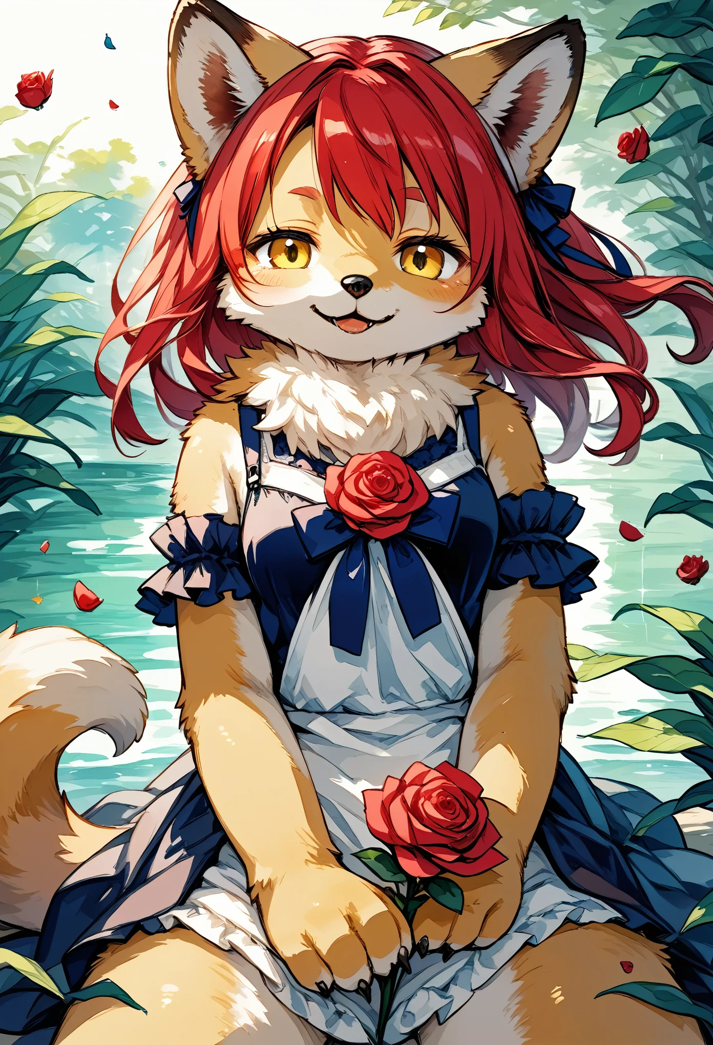 e621, Watercolor elements, 1girl, kemono, furry, detailed body fur, animal face, animal hand, Pretty girl holding a red rose and looking at viewer,