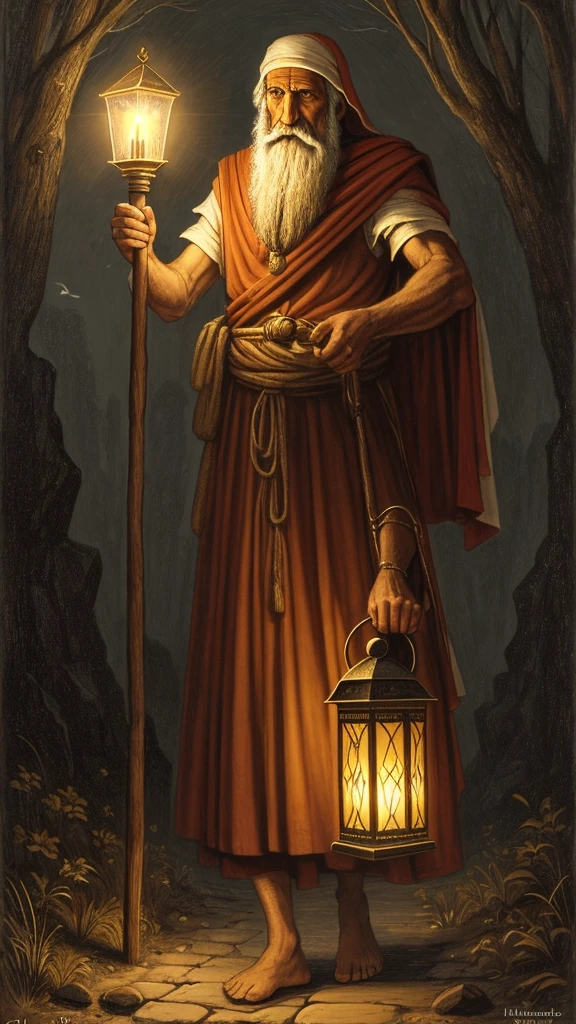 Tarot, The Hermit, un hombre viejo de pie, is walking on a lonely and certain path, con abundante barba, vestido con toga con capucha rudimentaria, This character carries a lantern in his hand that he uses to guide himself in the darkness, fondo oscuro