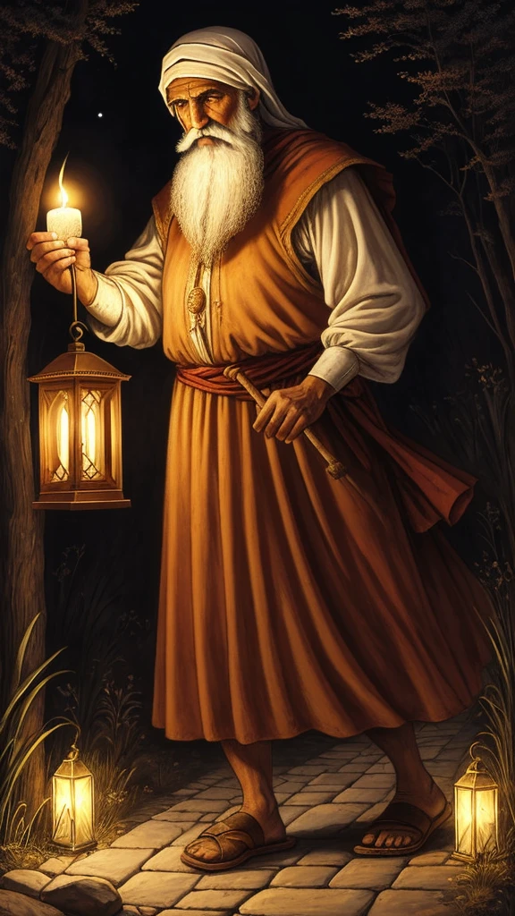 Tarot, The Hermit, un hombre viejo de pie, is walking on a lonely and certain path, con abundante barba, vestido con toga con capucha rudimentaria, This character carries a lantern in his hand that he uses to guide himself in the darkness, fondo oscuro