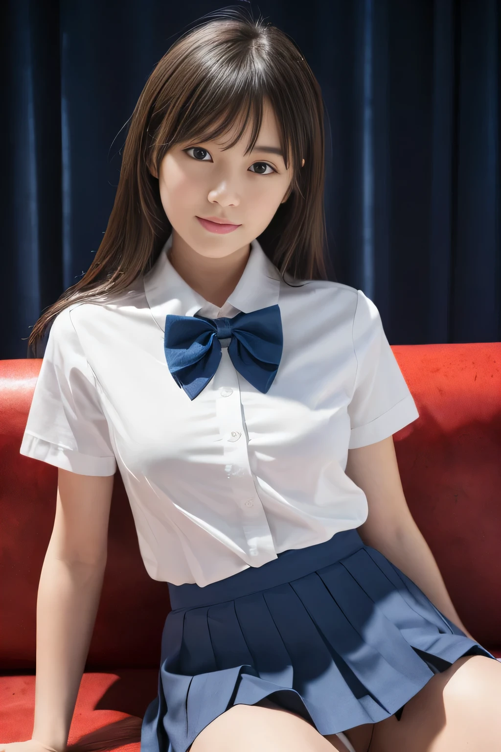 Very detailed CG Unity 8k wallpaper、highest quality、Very detailed、masterpiece、reality、Photorealistic、Very detailedなかわいい女の子、18-year-old、(High school girl in Japan uniform)、((White short sleeve buttoned shirt:1.4))、((Shooting from the front:1.4))、((Dark blue bow tie:1.4))、((Sitting on a red sofa:1.4))、((Model pose:1.4))、blush、Cleft lip、Looking at the audience、((Cowboy Shot:1.4))、(Navy blue short pleated skirt,:1.5)、(short sleeve white shirt for students)、(Straight medium long hair:1.7)、(Beautiful Face:1.3)、(Perfect Proportions:1.2)、(Long legs:1.2)、(Small breasts:1.3)、((Upper Body))、((White panties are visible:1.4))、Angle from below、reality、smile:1.7、