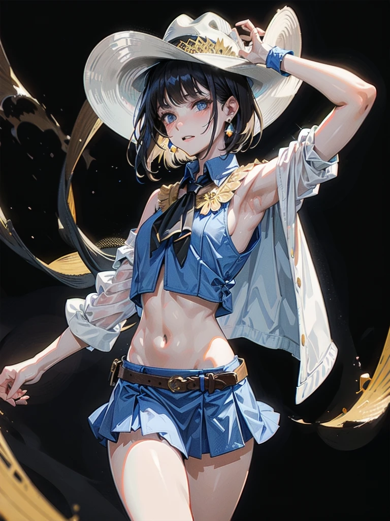 cowgirl costume, vest, cowboy hat, fingerless gloves, midriff, neckerchief, short skirt, holster, absurdres, RAW photo, extremely delicate and beautiful, masterpiece, Best Quality, ultra high resolution, 32k, hyperrealistic, ultra-detailed, detailed description, pale skin, 20 years old, tearful mole, earring, short medium hair, wavy hair, whole body shot,