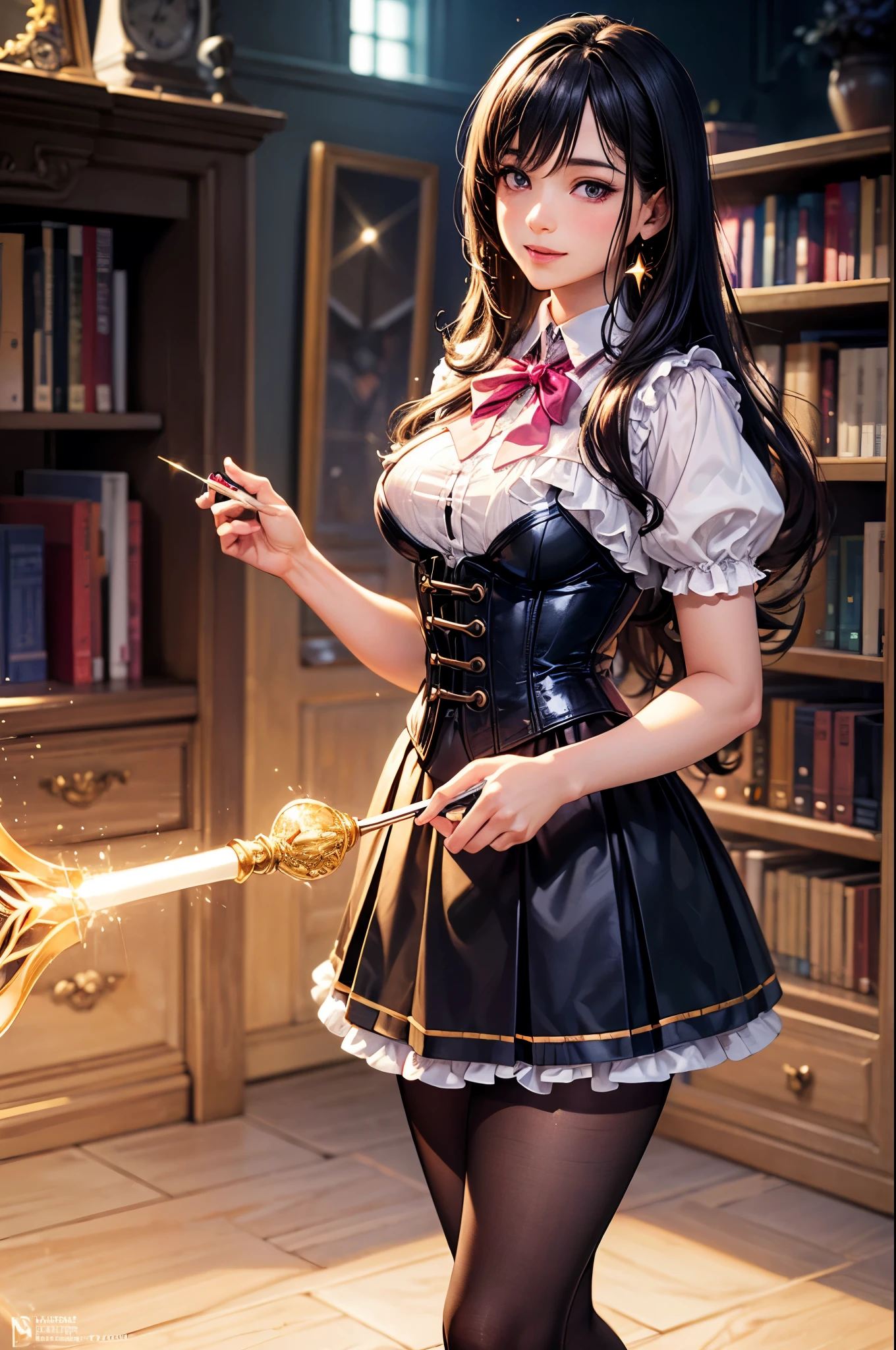 (best quality,4k,8k,highres,masterpiece:1.2),ultra-detailed,(realistic,photorealistic,photo-realistic:1.37), fantasy setting, Magic school, (1girl), high school boy magically transformed into a cute school girl, long black hair, fair skin, colorful lighting,fantasy world,pink eyes,gender bending,cute school girl fashion,dressed in a pink fantasy girl’s uniform with corset,a ribbon tie and knee-length skirt, petticoat,puffy sleeves, black stockings and mary jane shoes, feminine outfit,holding a magic wand,sparkling magic,female transformation spell,magical aura,mirror reflection,amazed expression,fantastical scenery,enchanted school environment,bookshelf filled with magical books,textbooks with floating letters,hairstyling tools,sparkles raining down,sparkling stars,soft and pastel colors,expressive facial features,girlish smiles, happy and confident poses,wonder and joy in her eyes,lively and dynamic composition,shimmering and glowing effects,enchanted ,eye-catching accessories,beautifully detailed lips,school bag with magical elements,subtle surreal elements,life-changing moment