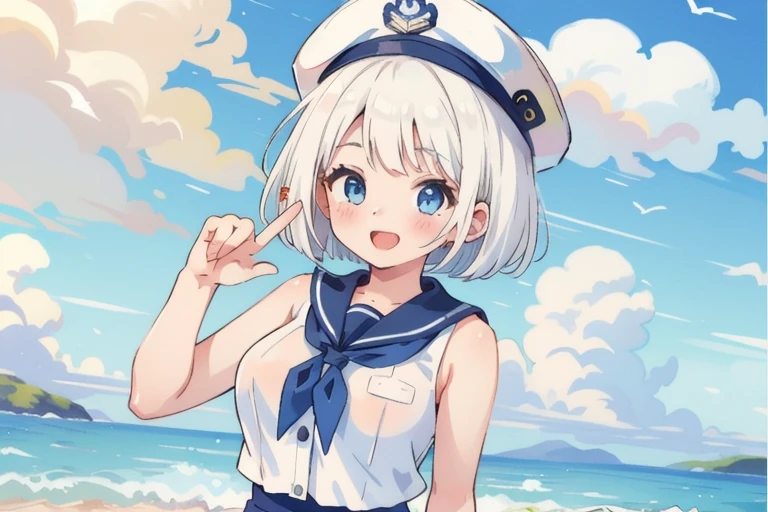 (masterpiece, best quality),  intricate details, best quality,masterpiece,highres, female, Detailed female with pale skin, bob-cut white hair, female, cute bob-cut hair, white hair, blue eyes, one piece marine outfit, marine white cap, white sleeveless button-up shirt, white shorts, blue neckerchief, beautiful, large breasts, happy, playful, peace symbol with fingers