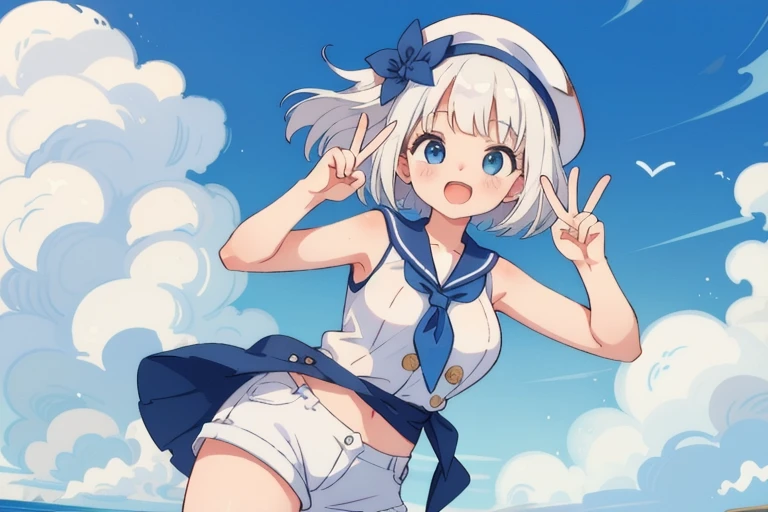 (masterpiece, best quality),  intricate details, best quality,masterpiece,highres, female, Detailed female with pale skin, bob-cut white hair, female, cute bob-cut hair, white hair, blue eyes, one piece marine outfit, marine white cap, white sleeveless button-up shirt, white shorts, blue neckerchief, beautiful, large breasts, happy, playful, peace symbol with fingers