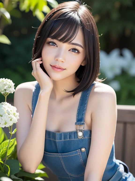 (squat)、(highest quality:1.5)、(Realistic:1.5)、(1 person:1.5)、(Very detailed)、(High resolution)、8k、(naked overalls)、(Slightly small breasts)、Natural color lips、Cute Smile、20-year-old girl、(Beautiful and elaborate face)、(Perfect and beautiful face)、(Big eyes)、(Beautiful and elaborate face)、(Beautiful, balanced eyes)、Beautiful double eyelids、Perfect and beautiful face、Arched thin eyebrows、Slim face、(Slim figure)、Beautiful and thin nose、 Beautiful Skin、(Medium Bob Hair)、Natural Bangs、Fair skin、Front lighting、(Lighting the face)、Deep blue eyes、Slim waistline、Slim and beautiful legs、hydrangea、garden、Cleavage、naked overalls、