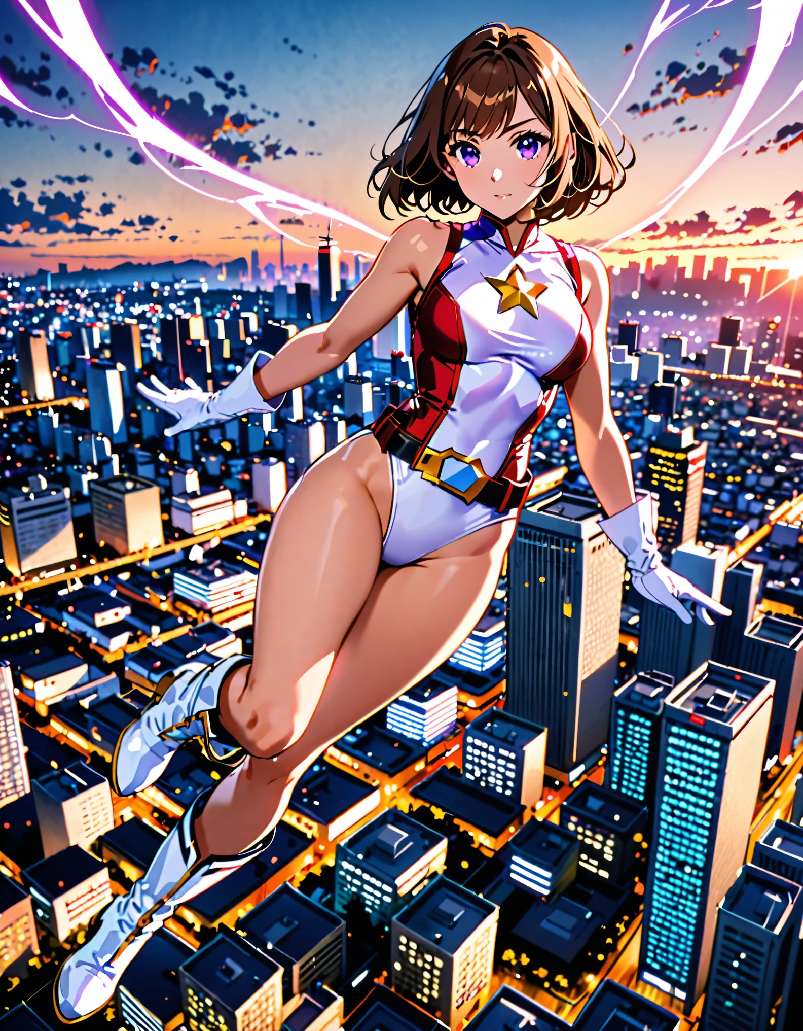 (masterpiece), (best quality), (high res), medium breasts, ((leotard, white and red leotard, matching leotard, sleeveless, bare legs)), ((tight belt, gold belt)), ((boots, matching boots, ankle-high boots, white boots)), ((gloves, white gloves)), city backdrop, tokyo city backdrop, solo, single, floating, hovering, legs straight, (full body), cowboy shot, superhero, ((beautiful detailed eyes)), ((gold star symbol on chest)), (brown hair, medium hair, bob hair, purple eyes), (perfect hands, perfect anatomy), cowboy shot, superhero, ((beautiful detailed eyes)), using her powers, full body costume design.