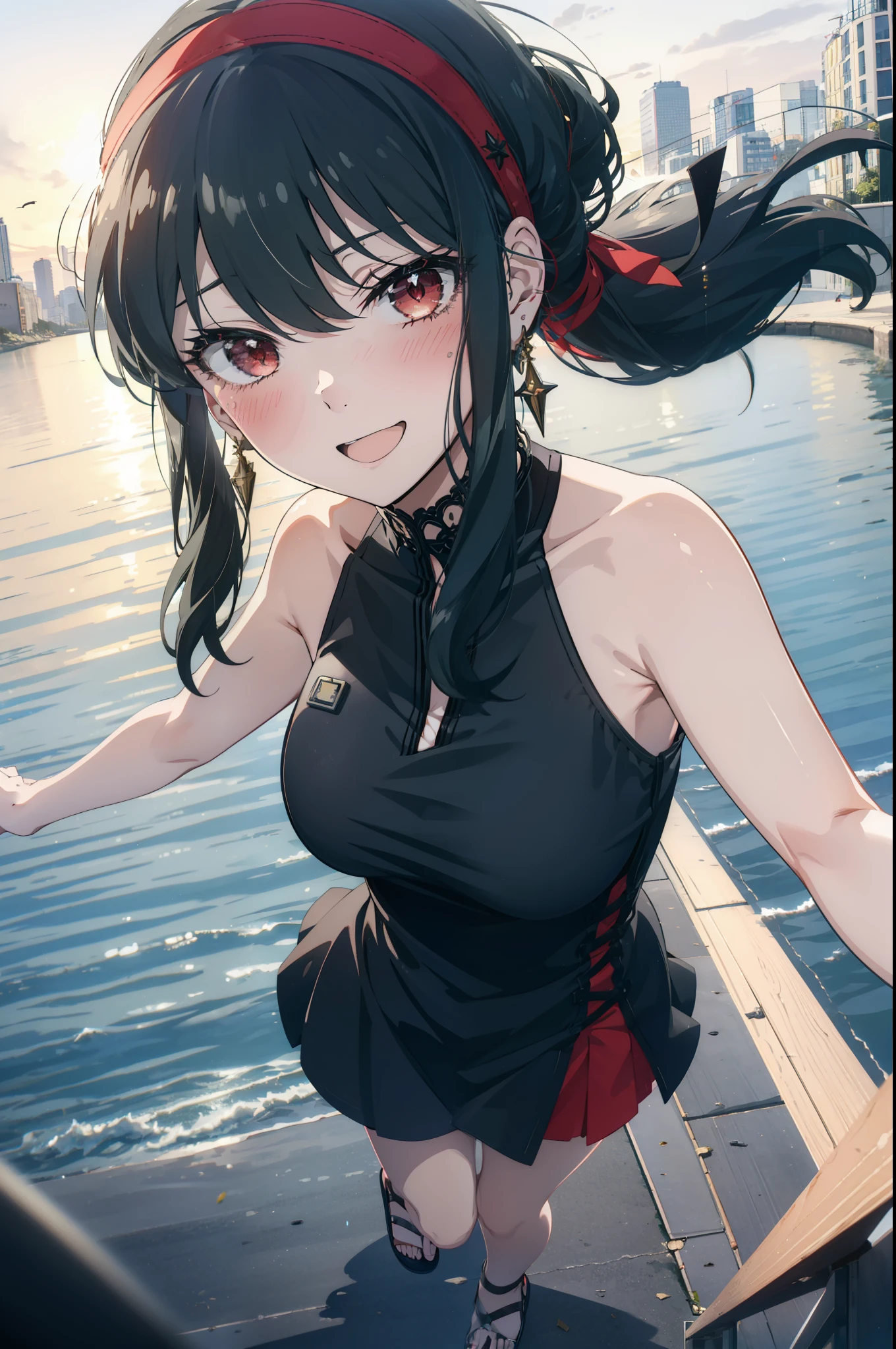 Your thorns, One girl, blush, Black Hair,Red eyes, hair band, jewelry, Earrings, happy smile, smile, Open your mouth, Black sleeveless dress,Bare arms,Long skirt,Cute Sandals,whole bodyがイラストに入るように,morning,morning陽,The sun is rising,
break looking at viewer,whole body,
break outdoors, city,construction area,Coastal Road,
break (masterpiece:1.2), highest quality, High resolution, unity 8k wallpaper, (shape:0.8), (Beautiful details:1.6), Highly detailed face, Perfect lighting, Extremely detailed CG, (Perfect hands, Perfect Anatomy),