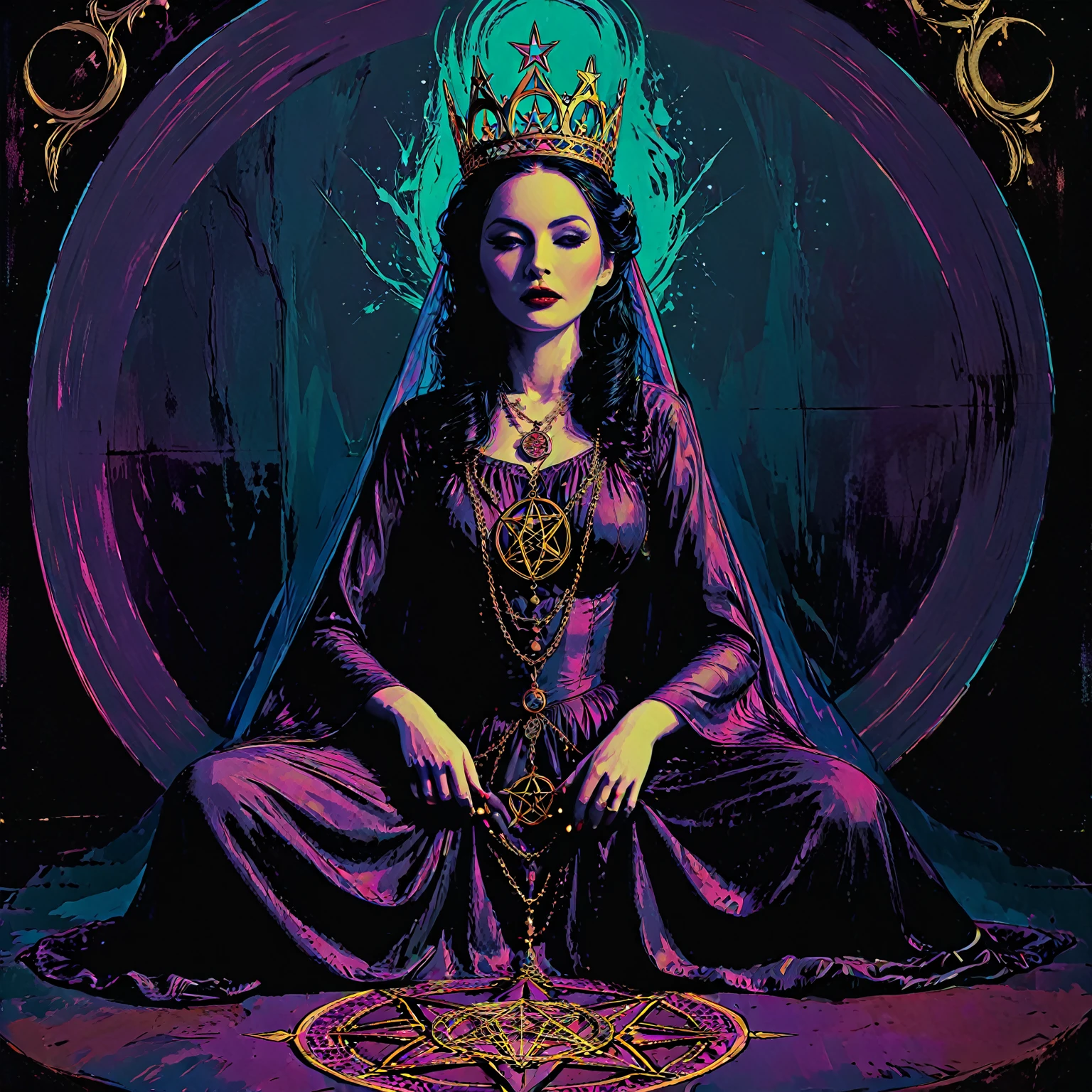 tarot card, chiaroscuro technique on sensual illustration of an queen of pentacle, vintage queen, earthy eerie, matte painting, by Hannah Dale, by Harumi Hironaka, extremely soft colors, hint of gold vibrant, highly detailed, digital artwork, high contrast, dramatic, refined, tonal, highest quality，anatomy correct，ultra-wide-angle，depth of fields. Holding the pentacles