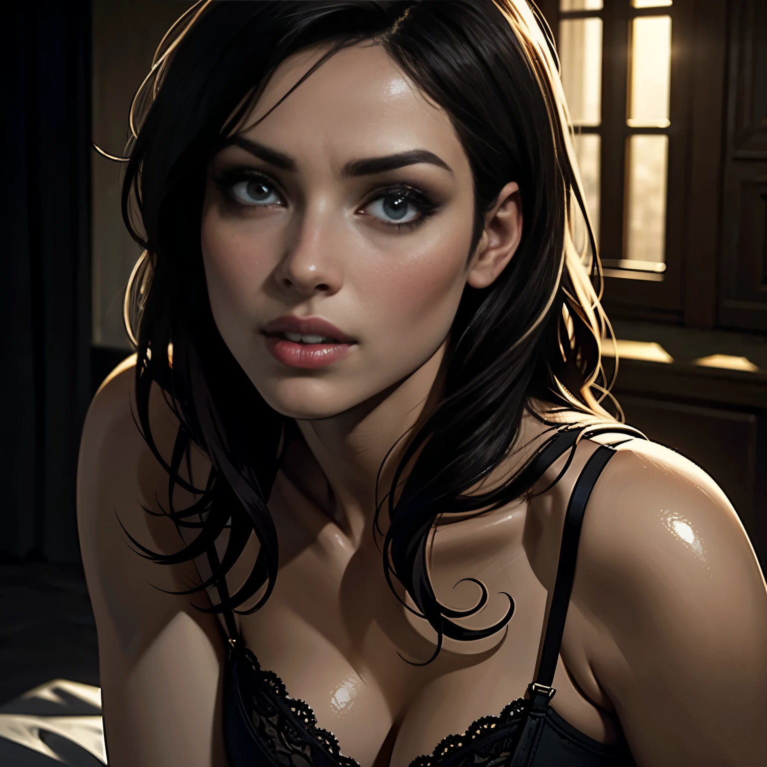 detailed erotic woman, beautiful detailed eyes, beautiful detailed lips, extremely detailed face, long eyelashes, sensual expression, lace lingerie, seductive pose, dramatic lighting, cinematic atmosphere, dramatic shadows, warm color palette, painterly style, chiaroscuro lighting, volumetric lighting, photorealistic, 8k, best quality, masterpiece