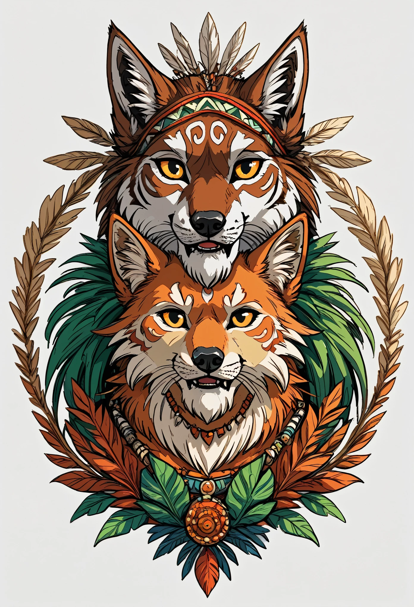 8k, Tribal Spirit animals, A t-shirt design inspired by tribal art and folklore, featuring intricately detailed spirit animals such as wolves, The design incorporates geometric patterns and bold linework to create a striking and powerful composition, white background,