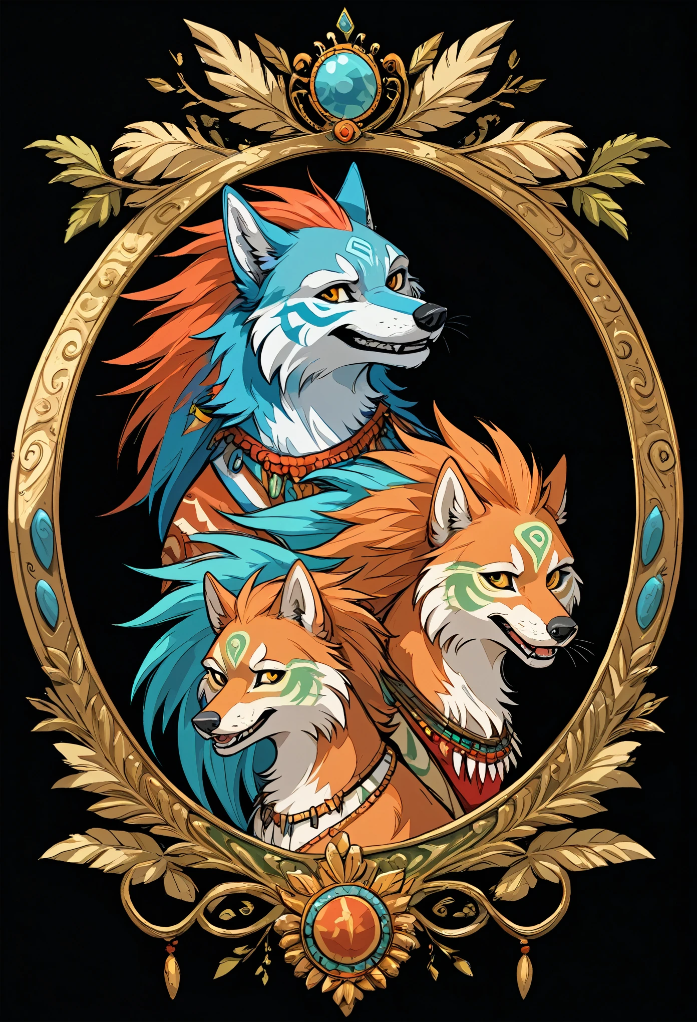 8k, Tribal Spirit animals, A t-shirt design inspired by tribal art and folklore, featuring intricately detailed spirit animals such as wolves, The design incorporates geometric patterns and bold linework to create a striking and powerful composition, white background,