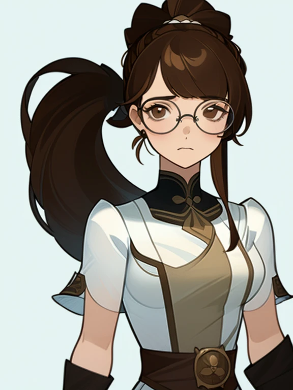 ((masterpiece)),(((Best quality))), (full-length character), (character sheet), 1 girl, standing upright, clear facial features，Simple line design，transparent background，(tmasterpiece，top quality，Best quality, clear features of a round face, glasses with lenses，beautiful brown eyes，Beautiful face), (simple background, White background: 1.3), beautiful girl, brown hair in a ponytail, Flowing fabric,