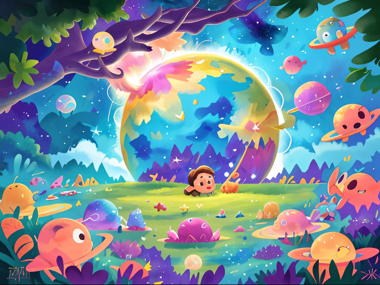 Create an image of a distant galaxy filled with vibrant, colorful stars swirling in the vastness of space. Highlight a unique planet named Emotionia, dreamlike. glowing energy that flow across the planet and skies painted with multicolored auroras reflecting. Watercolor, book kids