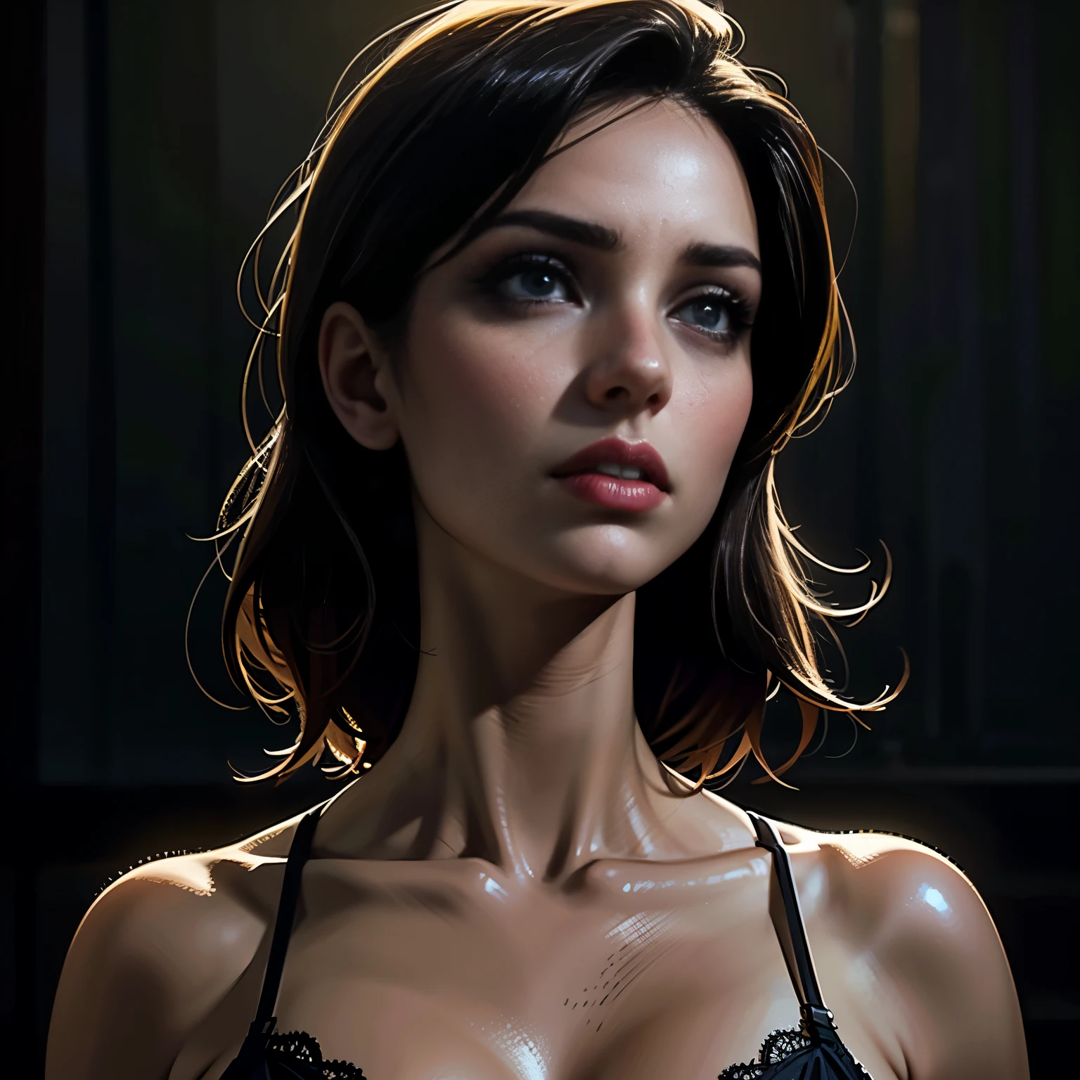 detailed erotic woman, beautiful detailed eyes, beautiful detailed lips, extremely detailed face, long eyelashes, sensual expression, lace lingerie, seductive pose, dramatic lighting, cinematic atmosphere, dramatic shadows, warm color palette, painterly style, chiaroscuro lighting, volumetric lighting, photorealistic, 8k, best quality, masterpiece