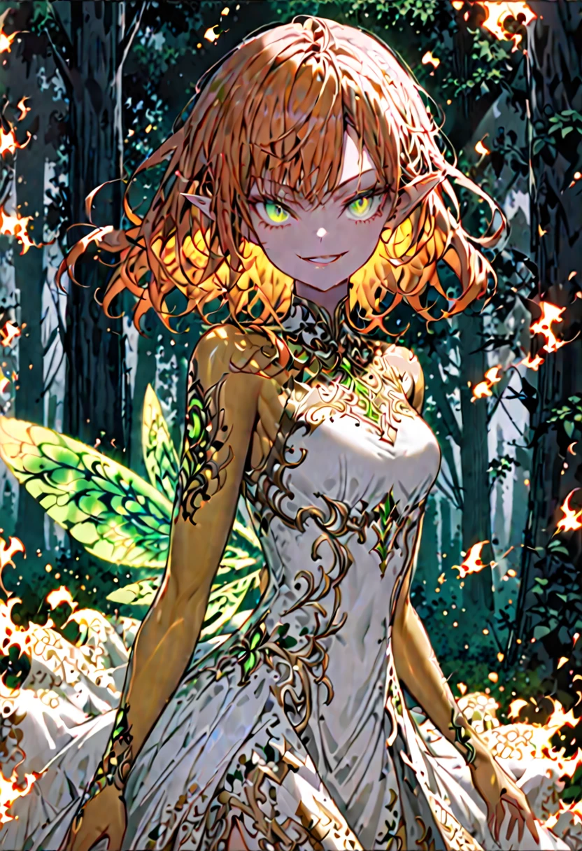 solo, female, sfw, medium shot, slender, athletic, fiery hair, orange-red hair, medium hair, messy hair, vibrant green eyes, luminescent eyes, golden skin:0.4, flowing white dress, intricate embroidery, billowing dress, fire magic, forest, fairy wings, smirk, pointed ears
