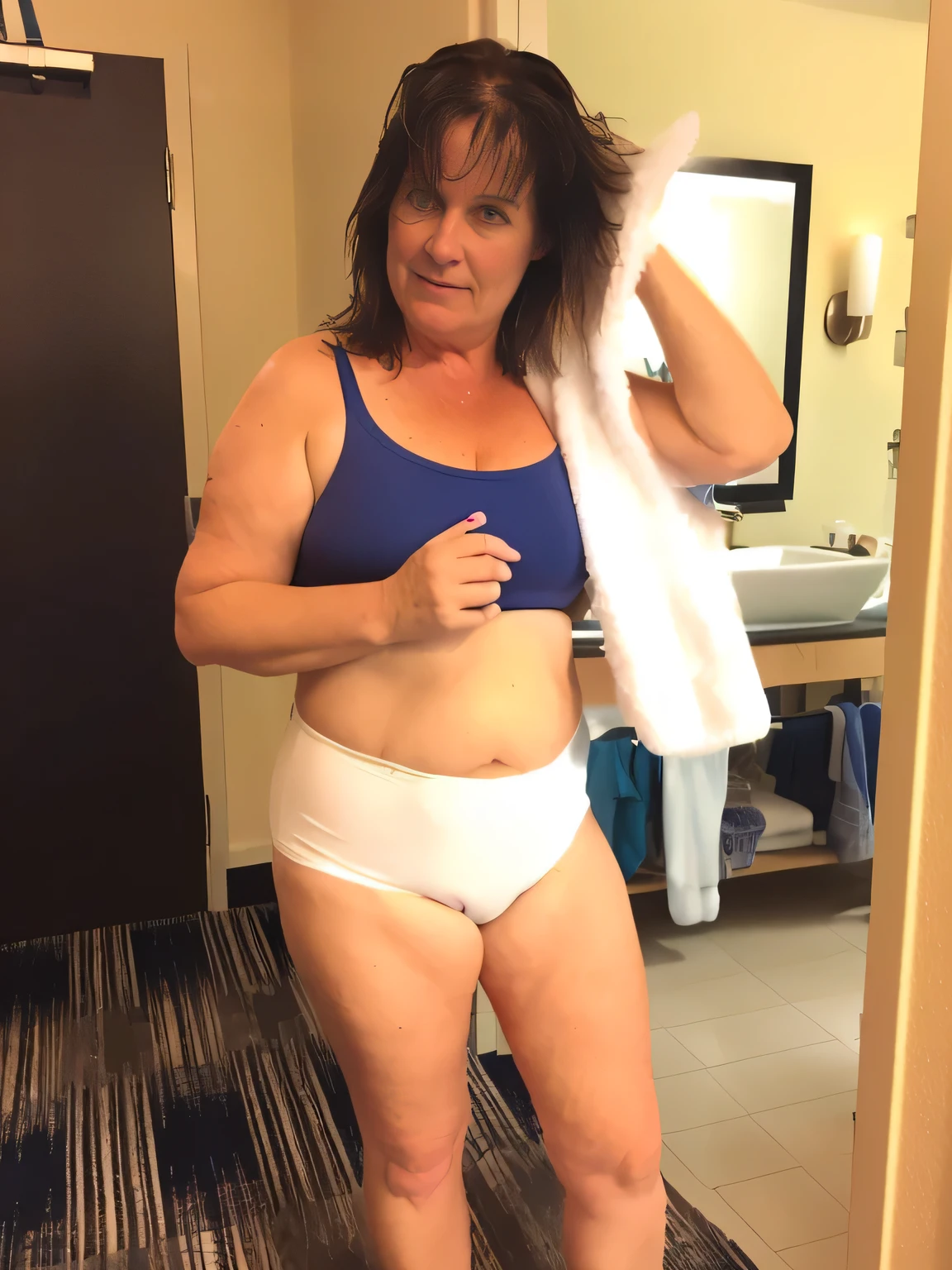 there is a woman in a blue top and white panties, is wearing a swimsuit, not wearing many clothes, swim suite, bathing suit, she is about 50 years old, photo from the back, wearing spandex bikini, 4 5 yo, her belly button is exposed, blue undergarments, she is about 6 0 years old, exposed thighs!!!, 3 0 years woman