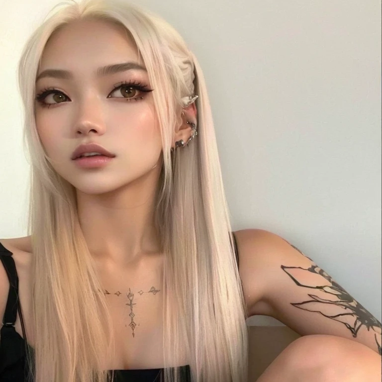 um close up de uma mulher com longos cabelos loiros e tatuagens, parque roseanne de blackpink, jossi do blackpink, cruel korean goth girl, cabelo loiro muito claro, cabelo claro, com longos cabelos brancos, her hair is white, portrait of jossi do blackpink, Ulzzang, com cabelos longos brancos, taejune kim, cabelo loiro extremamente claro