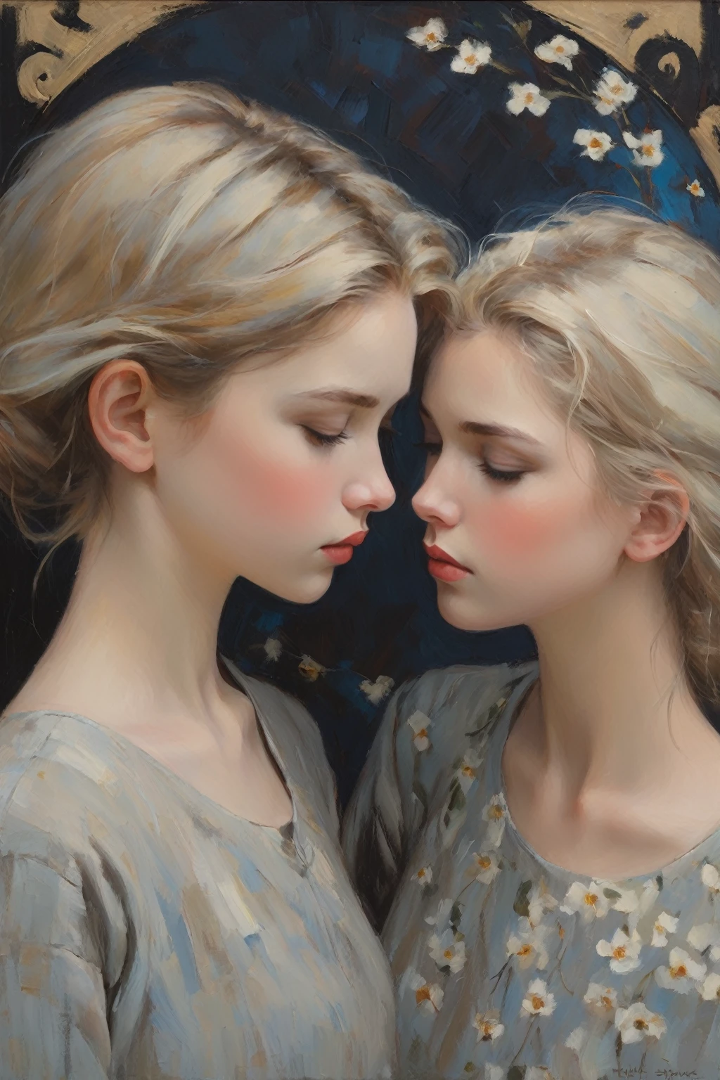 Create an evocative oil painting inspired by Malcolm Liepke, based on the provided image. Capture the intense, introspective expression of the young subject using thick, Incorporate earthy tones, deep blues, and warm browns to create a harmonious and inviting composition. Highlight the emotional depth and vulnerability in the subject's gaze, emphasizing the play of light and shadow on their face. Maintain a simple, textured background that complements the subject's contemplative presence. Focus on the tactile quality of the oil paint to convey the raw emotion and intimacy characteristic of Liepke's style. Aim for a modern, contemplative feel. Apply the paint to the canvas with a firm, decisive motion, allowing it to sit thickly on the surface. Vary the direction and length of your strokes to create an interesting, varied texture.
