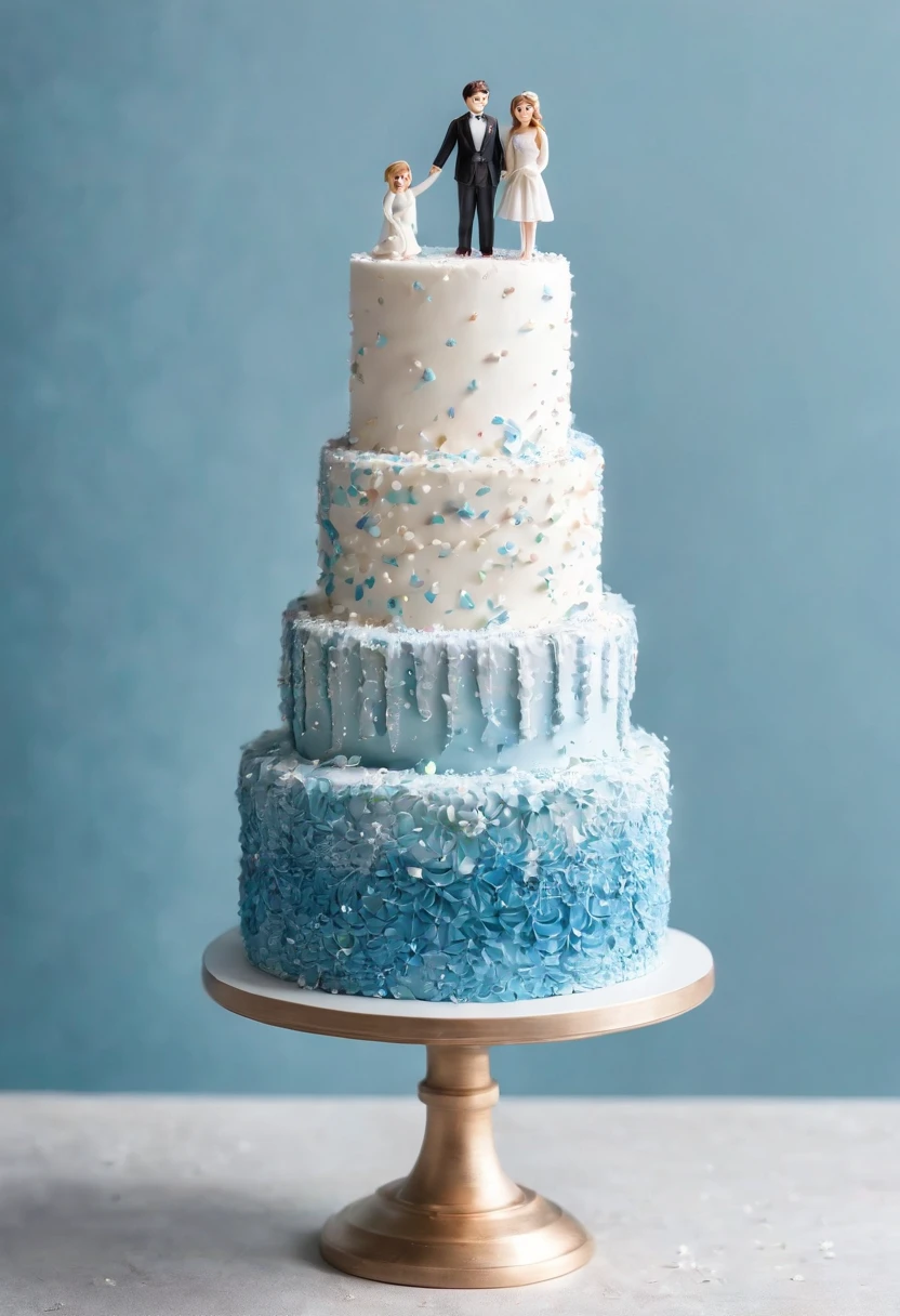 a cute and pretty layered wedding cake, with blue and white frosting and a tiny miniature statue with two women on top, lots of sprinkles, and chocolate drizzling