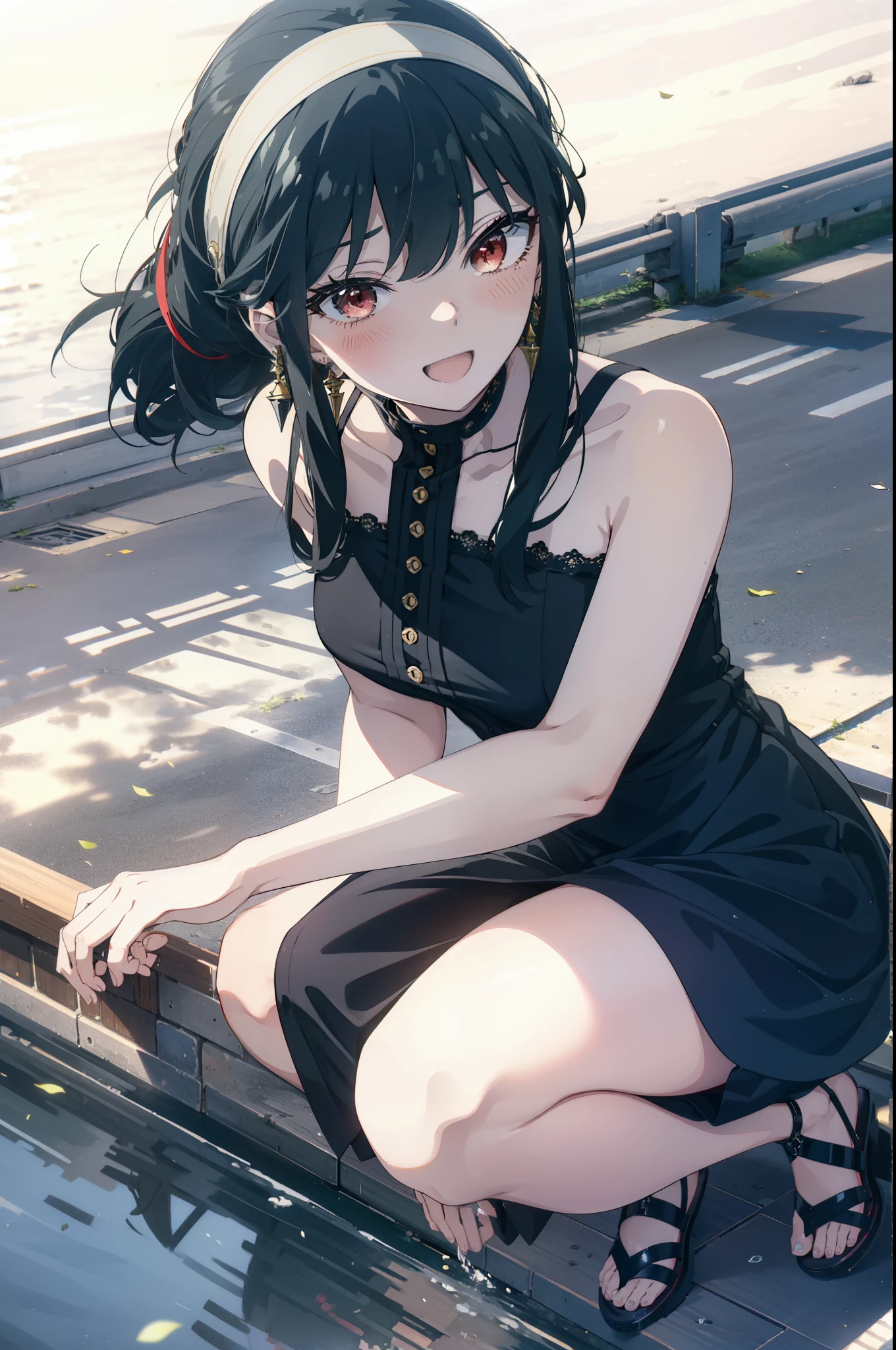 Your thorns, One girl, blush, Black Hair,Red eyes, hair band, jewelry, Earrings, happy smile, smile, Open your mouth, Black sleeveless dress,Bare arms,Long skirt,Cute Sandals,whole bodyがイラストに入るように,morning,morning陽,The sun is rising,
break looking at viewer,whole body,
break outdoors, city,construction area,Coastal Road,
break (masterpiece:1.2), highest quality, High resolution, unity 8k wallpaper, (shape:0.8), (Beautiful details:1.6), Highly detailed face, Perfect lighting, Extremely detailed CG, (Perfect hands, Perfect Anatomy),