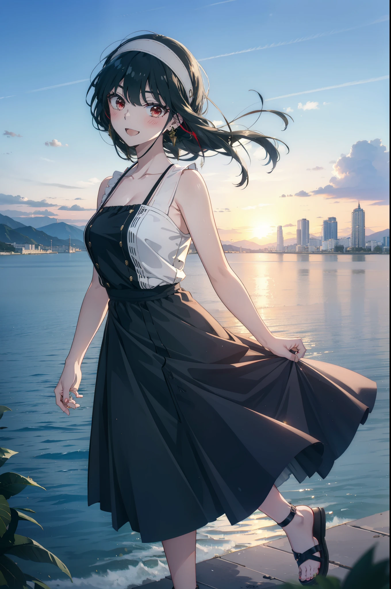 Your thorns, One girl, blush, Black Hair,Red eyes, hair band, jewelry, Earrings, happy smile, smile, Open your mouth, Black sleeveless dress,Bare arms,Long skirt,Cute Sandals,whole bodyがイラストに入るように,morning,morning陽,The sun is rising,
break looking at viewer,whole body,
break outdoors, city,construction area,Coastal Road,
break (masterpiece:1.2), highest quality, High resolution, unity 8k wallpaper, (shape:0.8), (Beautiful details:1.6), Highly detailed face, Perfect lighting, Extremely detailed CG, (Perfect hands, Perfect Anatomy),