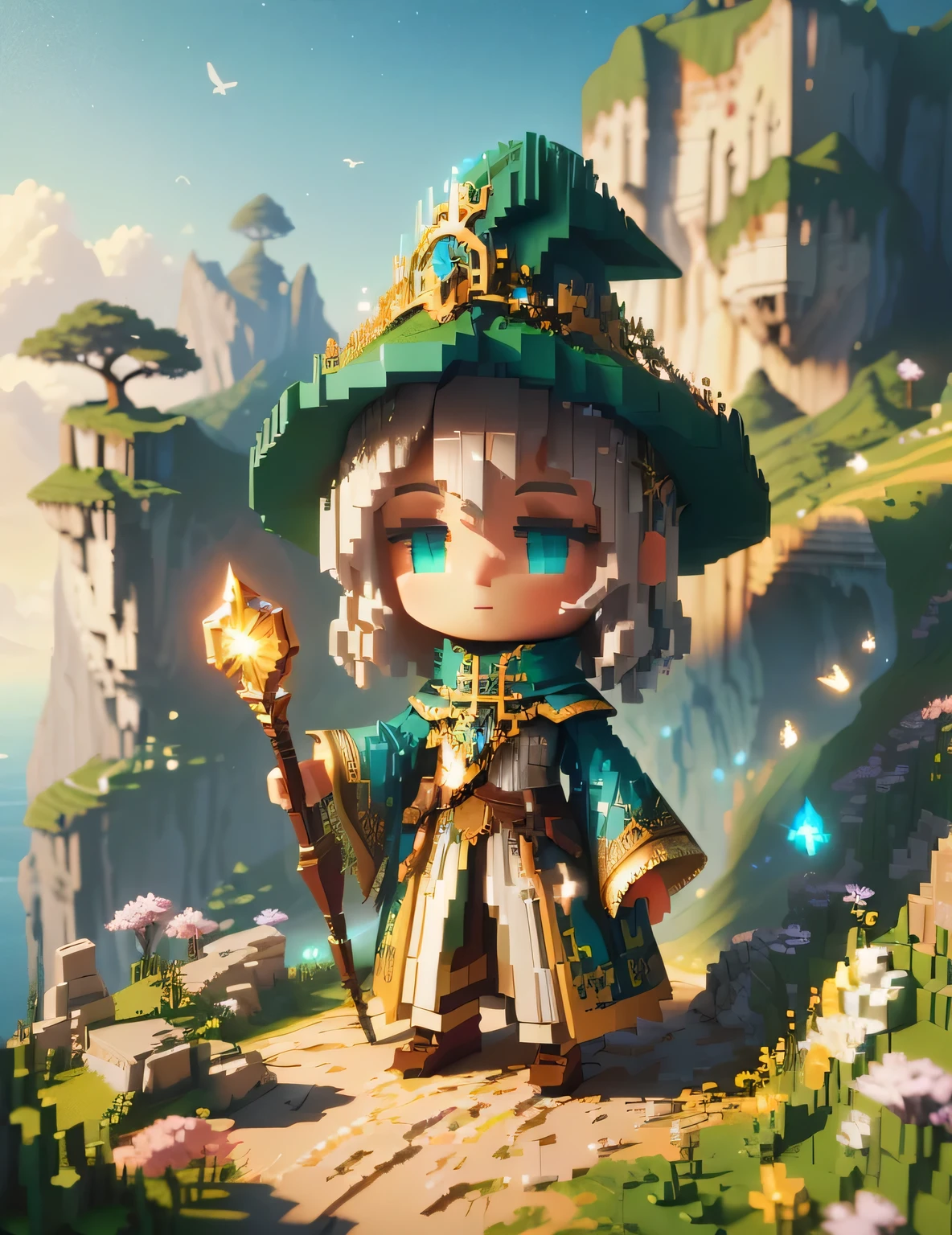 (designed by Anato Finnstark:1.1), Painting, Portrait, lovely Cosplay Photograph, behance, landscape of a Plain (Cliff:1.3) and Wizard's secret garden, Summer, Conceptual art, voxel style, (masterpiece, top quality, high resolution), detailed, UHD, 8k