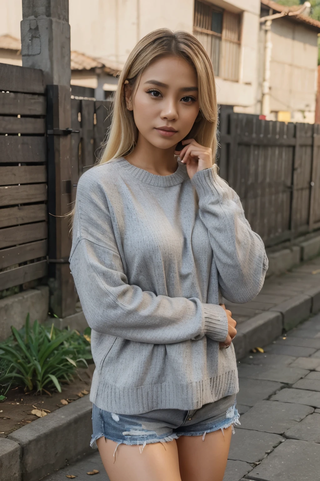 30 year old girl, indonesian sunda, beautiful, cute, ultrarealistic, medium hair, blond hair, high quality, butterfly cut, grey sweater