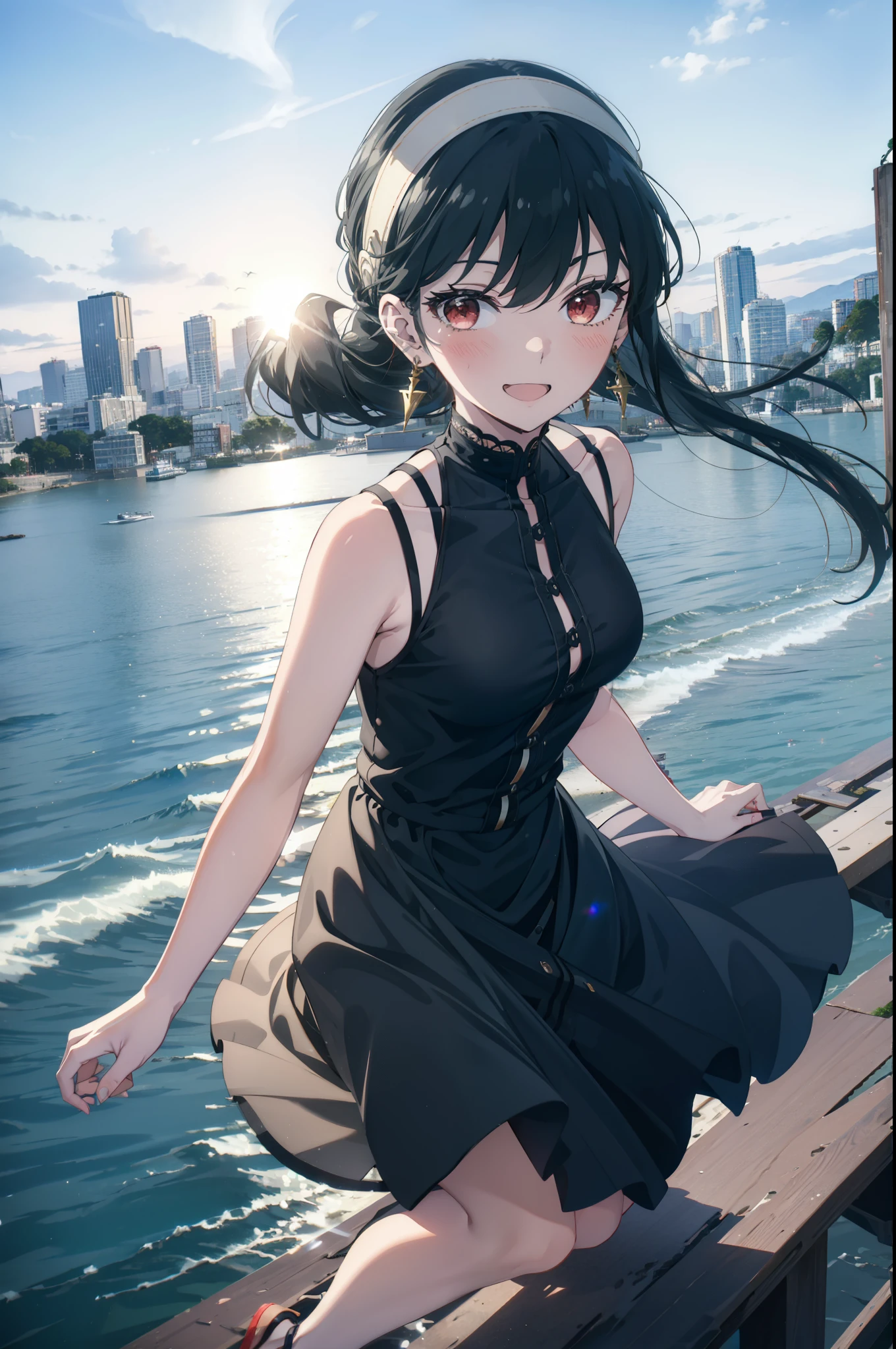 Your thorns, One girl, blush, Black Hair,Red eyes, hair band, jewelry, Earrings, happy smile, smile, Open your mouth, Black sleeveless dress,Bare arms,Long skirt,Cute Sandals,whole bodyがイラストに入るように,morning,morning陽,The sun is rising,
break looking at viewer,whole body,
break outdoors, city,construction area,Coastal Road,
break (masterpiece:1.2), highest quality, High resolution, unity 8k wallpaper, (shape:0.8), (Beautiful details:1.6), Highly detailed face, Perfect lighting, Extremely detailed CG, (Perfect hands, Perfect Anatomy),