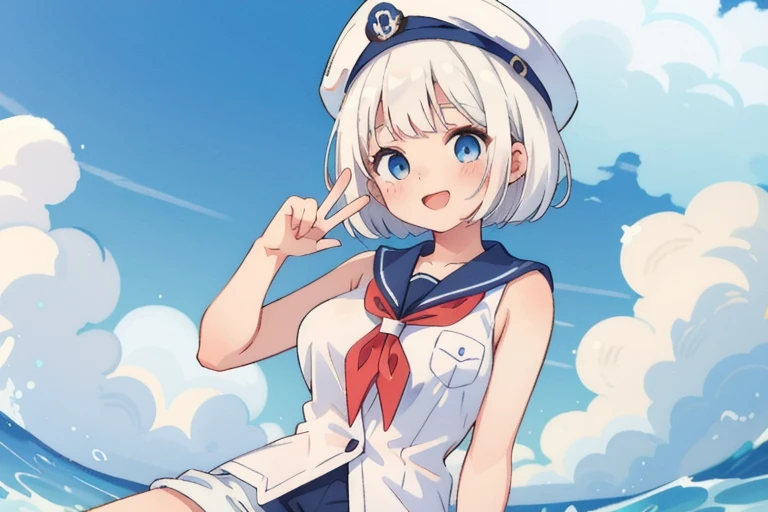 (masterpiece, best quality), intricate details, best quality,masterpiece,highres, female, Detailed female with pale skin, bob-cut white hair, female, cute bob-cut hair, white hair, blue eyes, one piece marine outfit, marine white cap, white sleeveless button-up shirt, white shorts, blue neckerchief, beautiful, large breasts, happy, playful, peace symbol with fingers