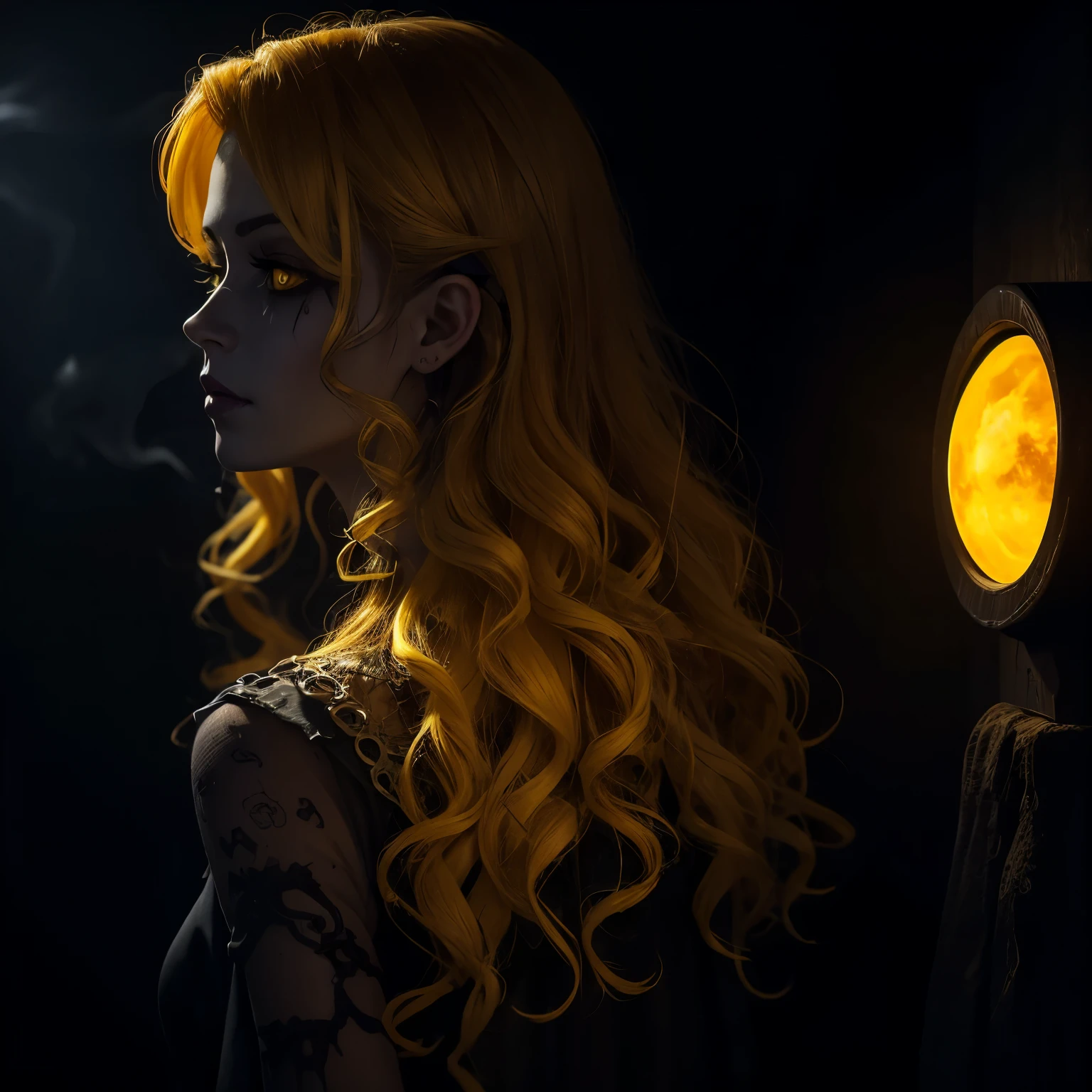 dark, unholy, evil, astral, creepy style, undead, rotting skin, mystical, nice perfect face, beautiful woman portrait from behind in a florest, smoke, mist, yellow dress, yellow glowing sun, big curly blonde hair, yellow glow, yellow eyes, horror