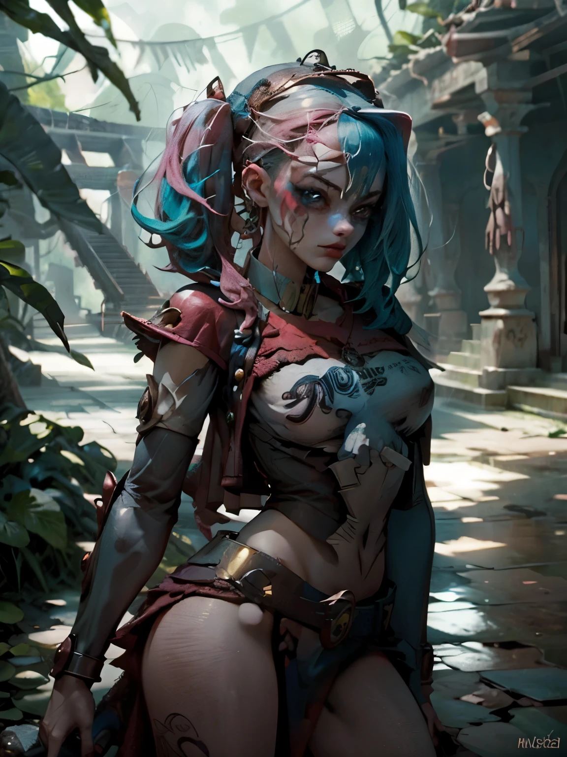 Hermosa y sensual dark magician gils vestida como Harley Quinn. pelo rojo y azul. Labios rojos. Ojos azules. Pose sensual y sexy. Toma cuerpo completo. Fondo de ruinas MAYAS. en medio de la selva 