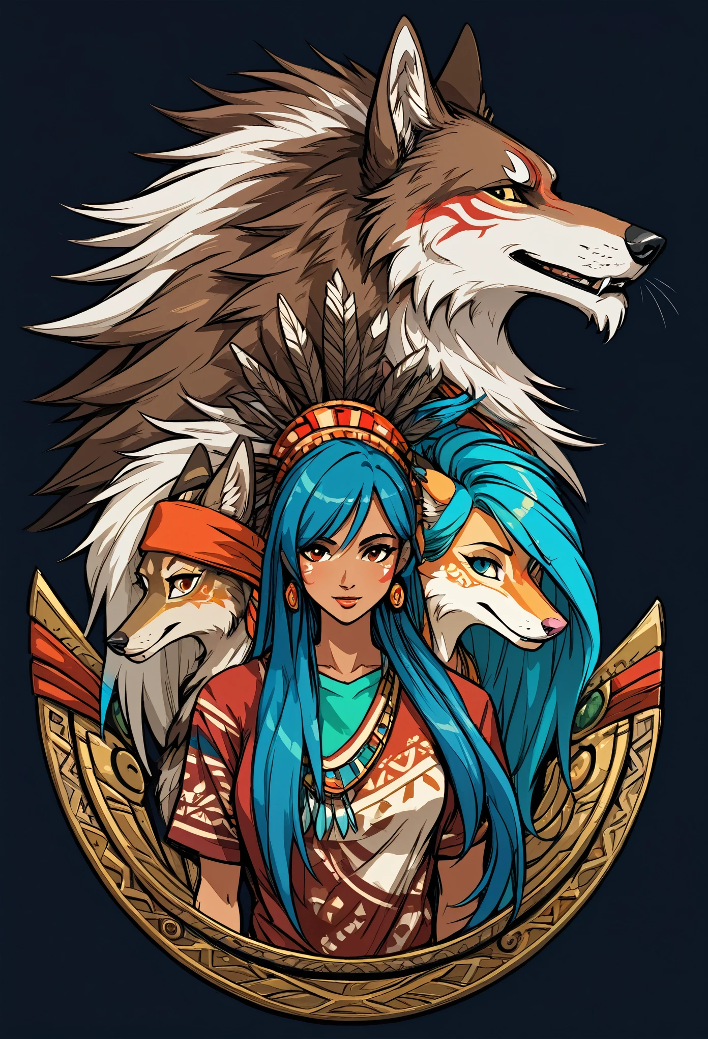 8k, Tribal Spirit animals, A t-shirt design inspired by tribal art and folklore, featuring intricately detailed spirit animals such as wolves, The design incorporates geometric patterns and bold linework to create a striking and powerful composition, white background,