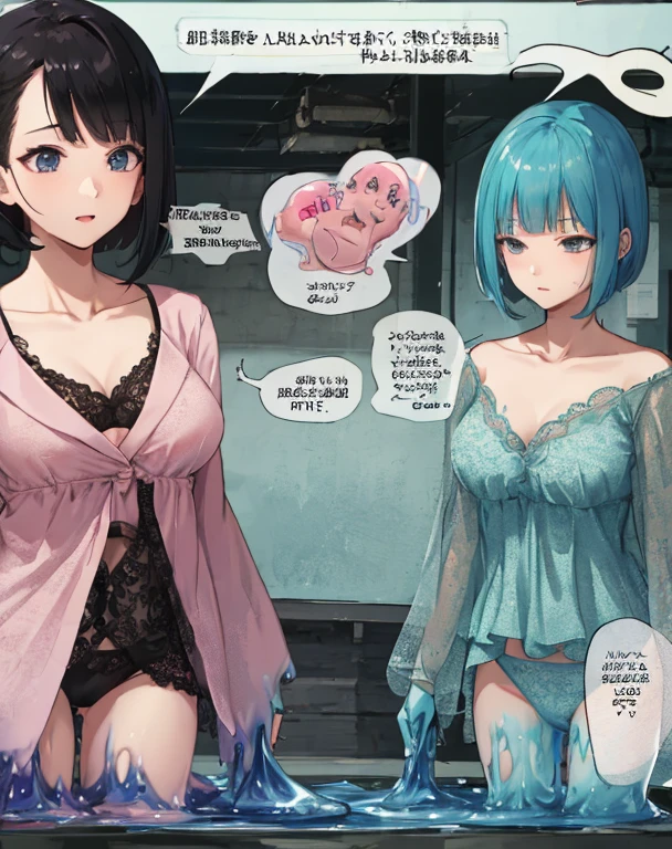 high quality,Two 40-year-old women,Delicate face,HD, Wearing underwear,Perfect body,Black Slime Shapeshifter,(Chest:2.0),short hair,