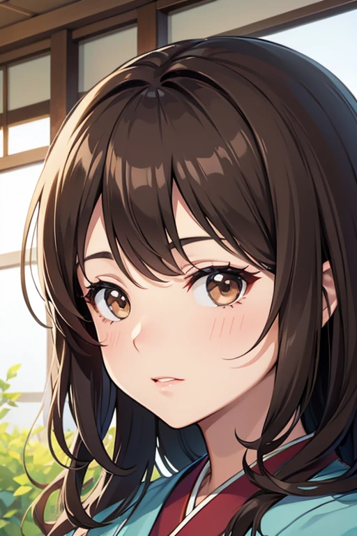 One Japanese person、Japanese women、50 years old、Medium-haired brown hair、Wavy Hair、Close-up
